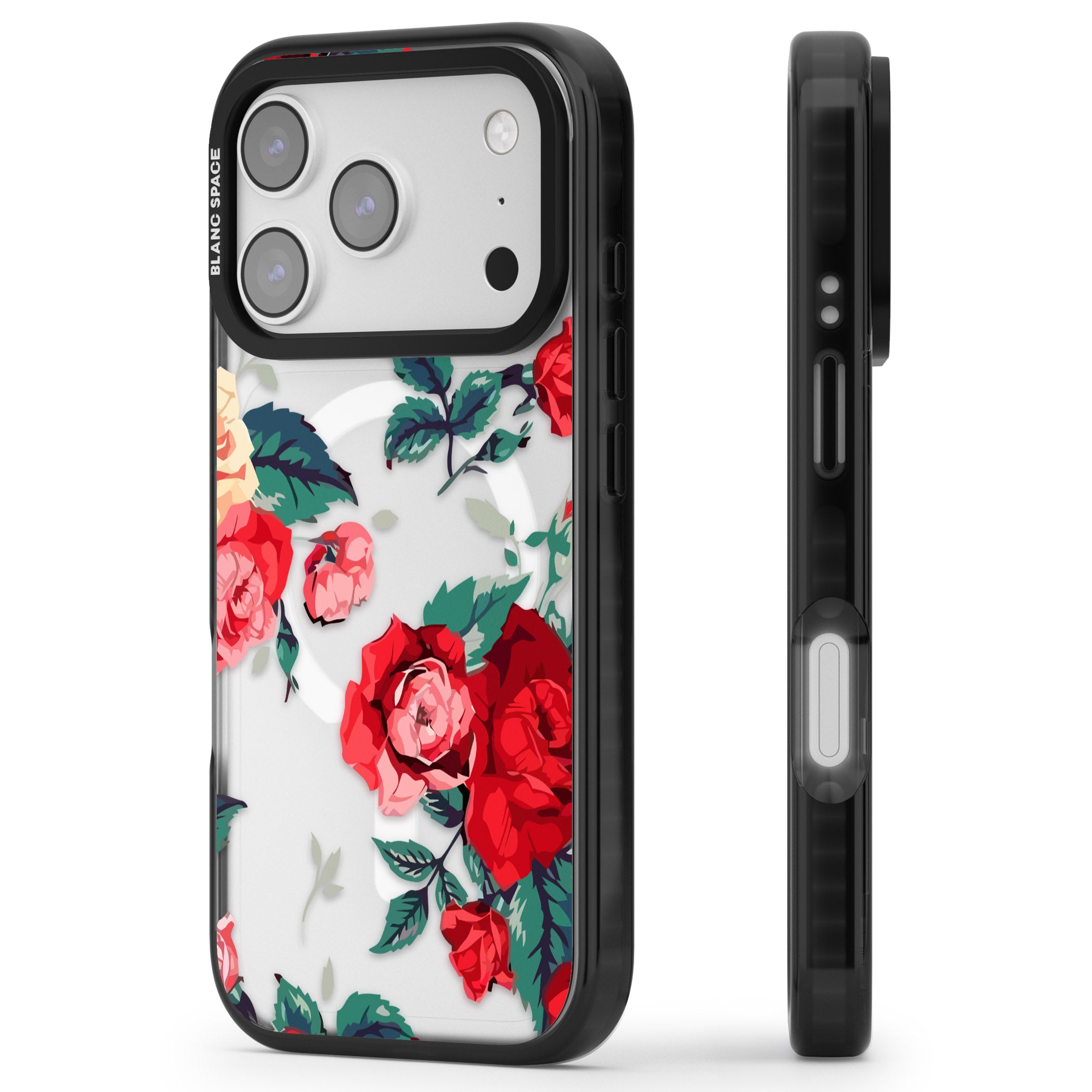 Rose Pattern iPhone 17 Pro Impact Pro Black Phone Case Side Profile