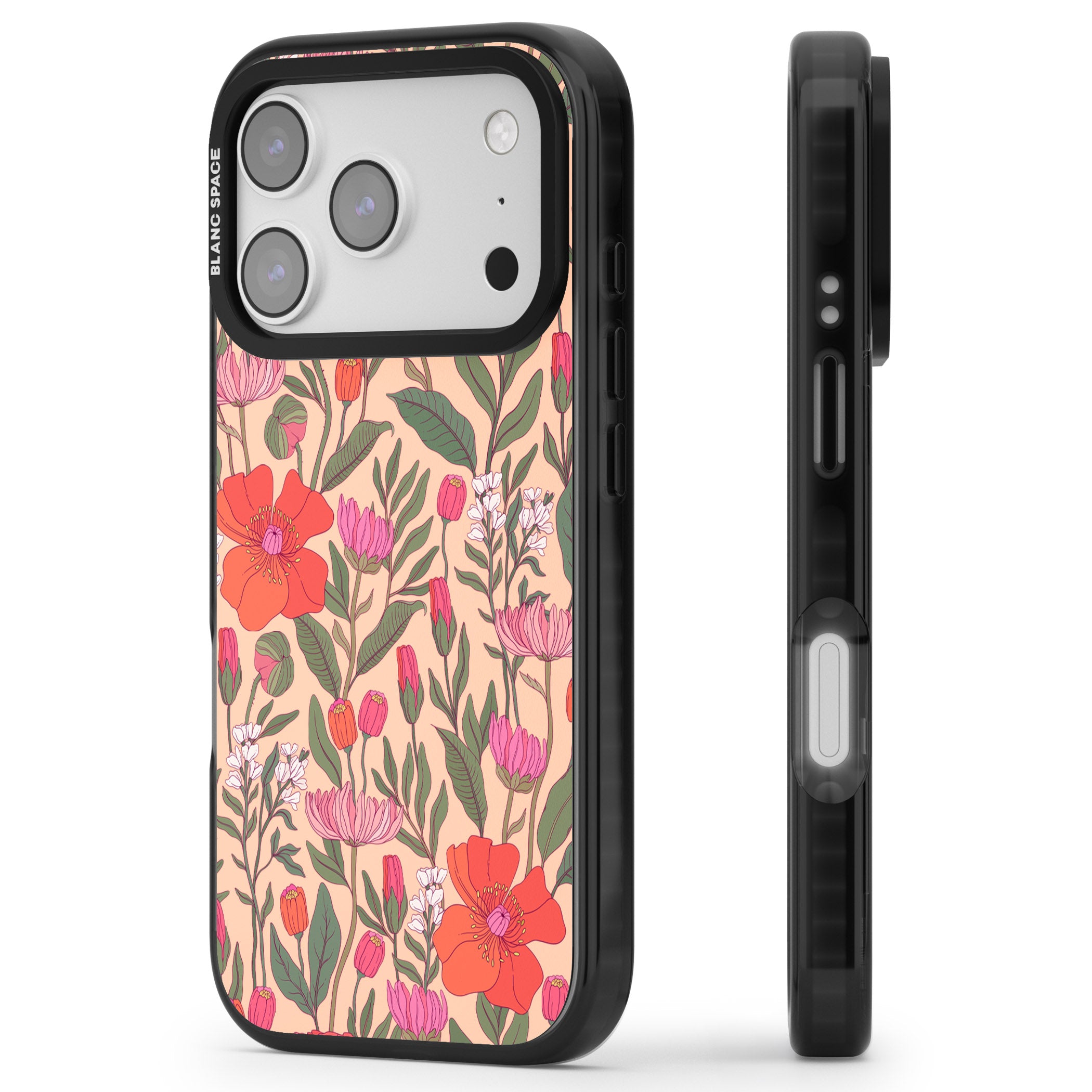 Peachy Floral Background iPhone 17 Pro Impact Pro Black Phone Case Side Profile