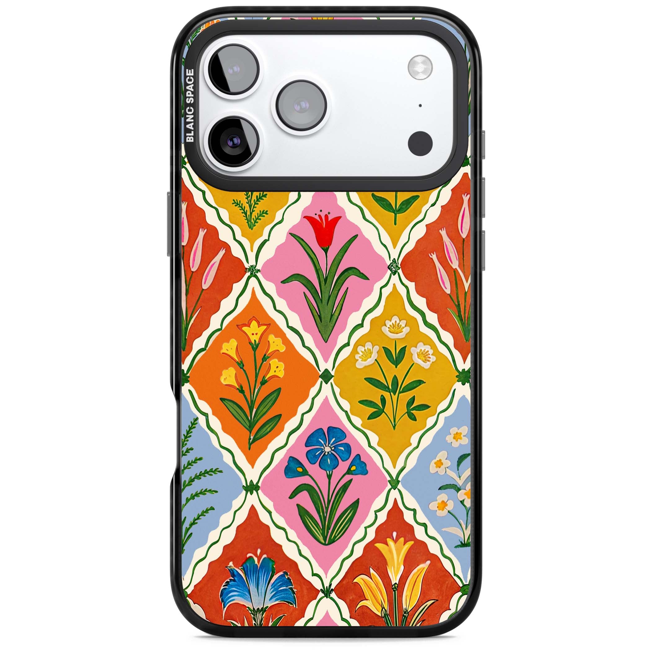 Floral Quilt boho floral iPhone case featuring diamond lattice pattern, hand-painted tulips and folk art wildflowers | Black Impact Magsafe case for iPhone 17 Pro, iPhone 17 Pro Max