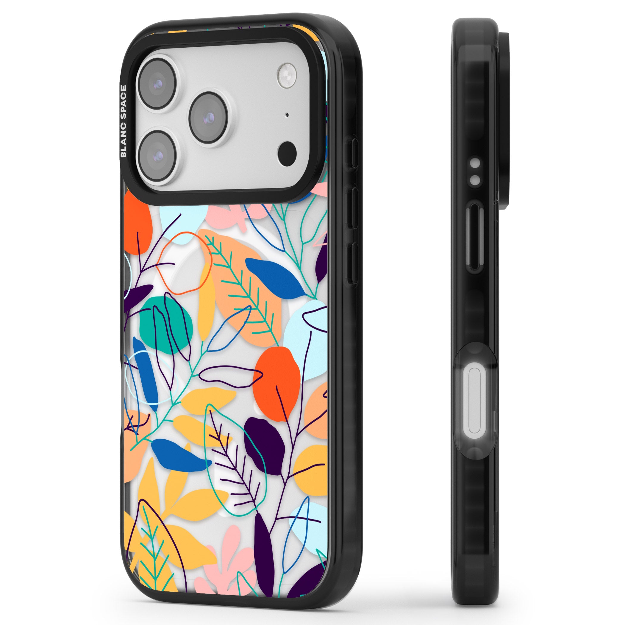 Abstract Line Drawn Leaves iPhone 17 Pro Impact Pro Black Phone Case Side Profile