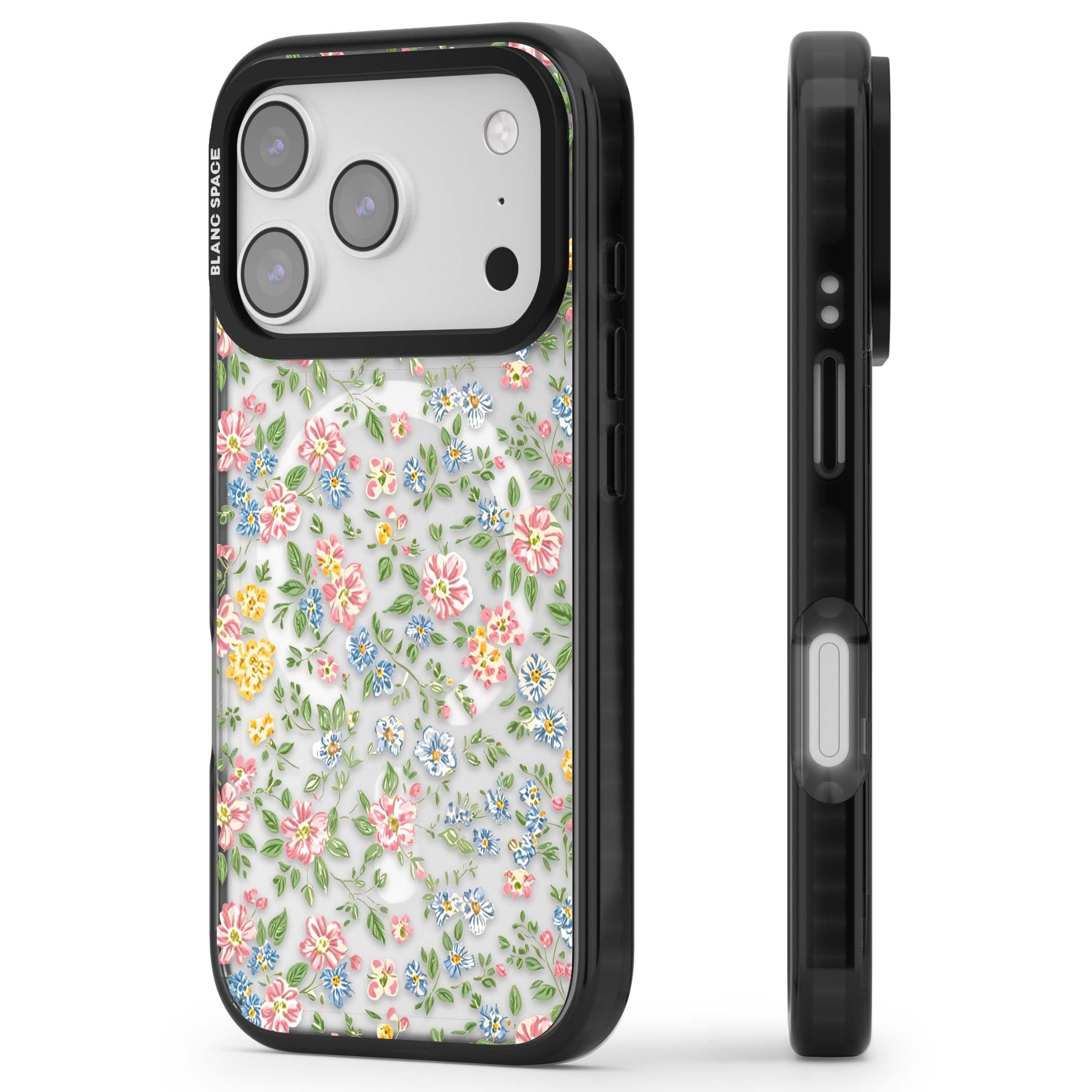 Soft Meadow cottagecore iPhone case featuring pink cosmos, blue forget-me-nots, yellow buttercups and green leaves sca | Black Impact Magsafe case for iPhone 17 Pro, iPhone 17 Pro Max