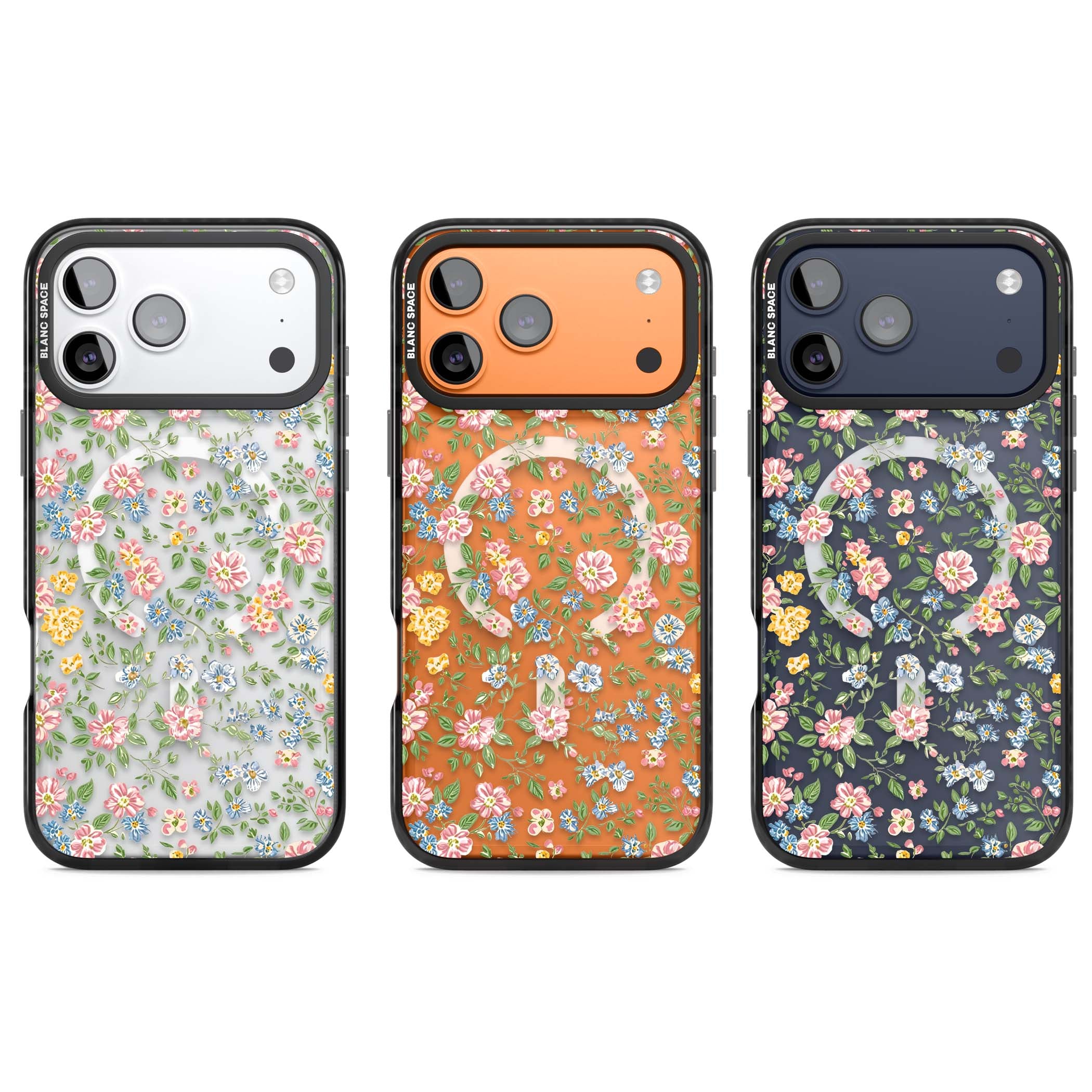 Soft Meadow cottagecore iPhone case featuring pink cosmos, blue forget-me-nots, yellow buttercups and green leaves sca | Black Impact Magsafe case for iPhone 17 Pro, iPhone 17 Pro Max