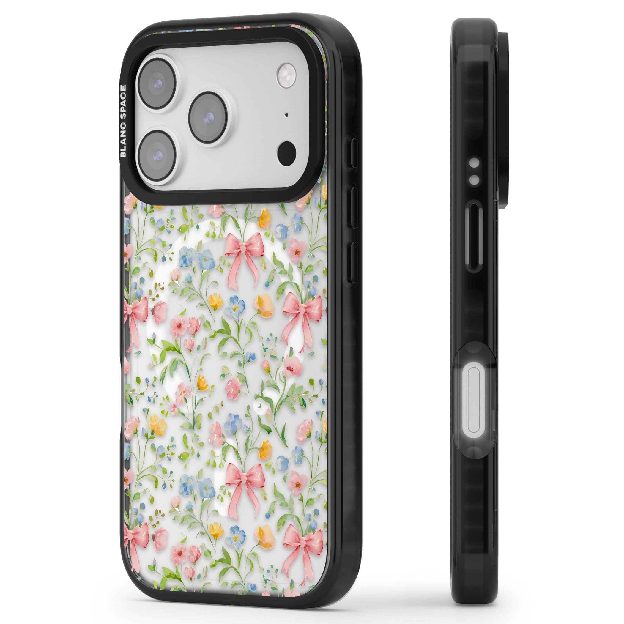 Ribbons & Wildflowers cottagecore iPhone case featuring watercolor wildflowers, pink satin bows, and delicate spring blooms o | Black Impact Magsafe case for iPhone 17 Pro, iPhone 17 Pro Max