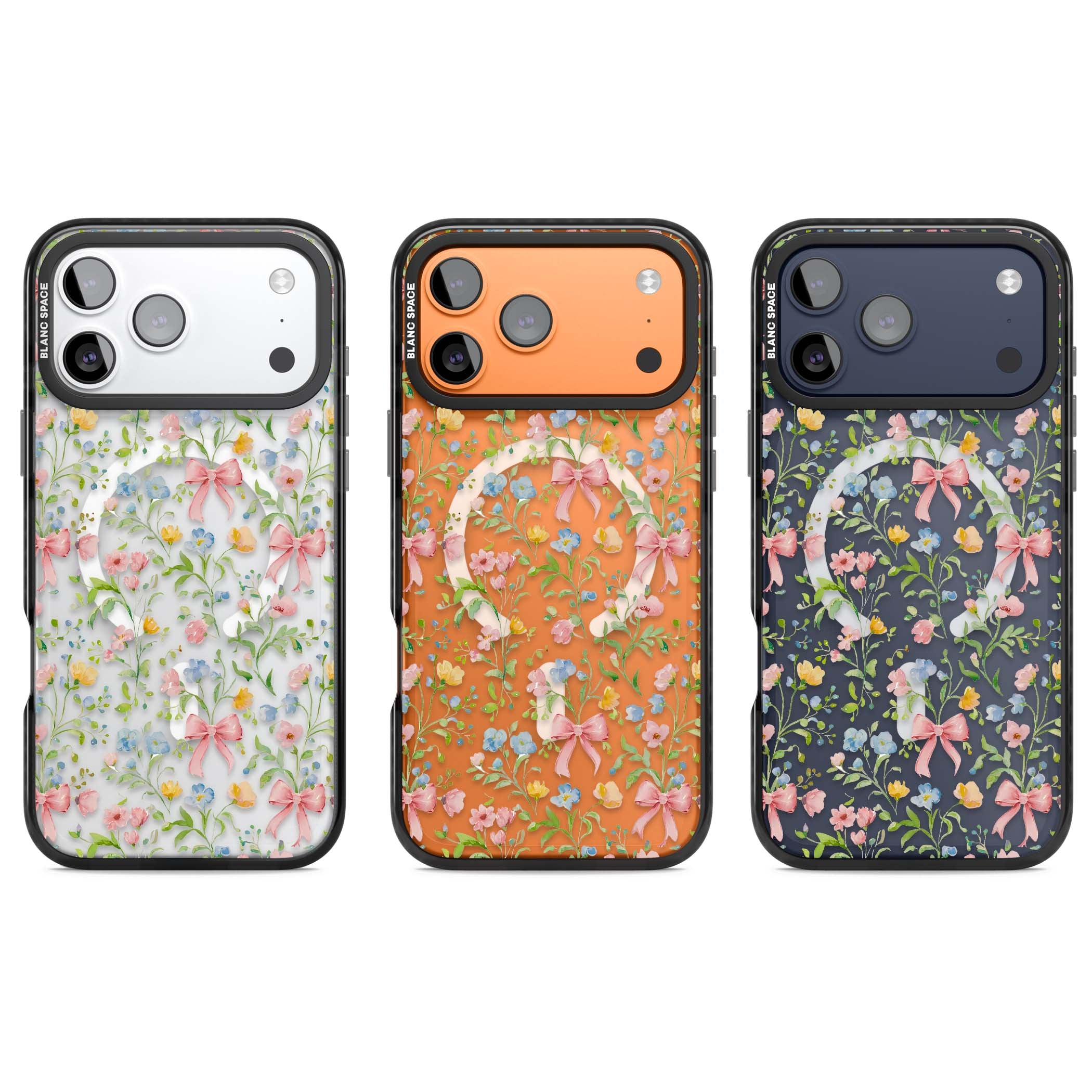 Ribbons & Wildflowers cottagecore iPhone case featuring watercolor wildflowers, pink satin bows, and delicate spring blooms o | Black Impact Magsafe case for iPhone 17 Pro, iPhone 17 Pro Max
