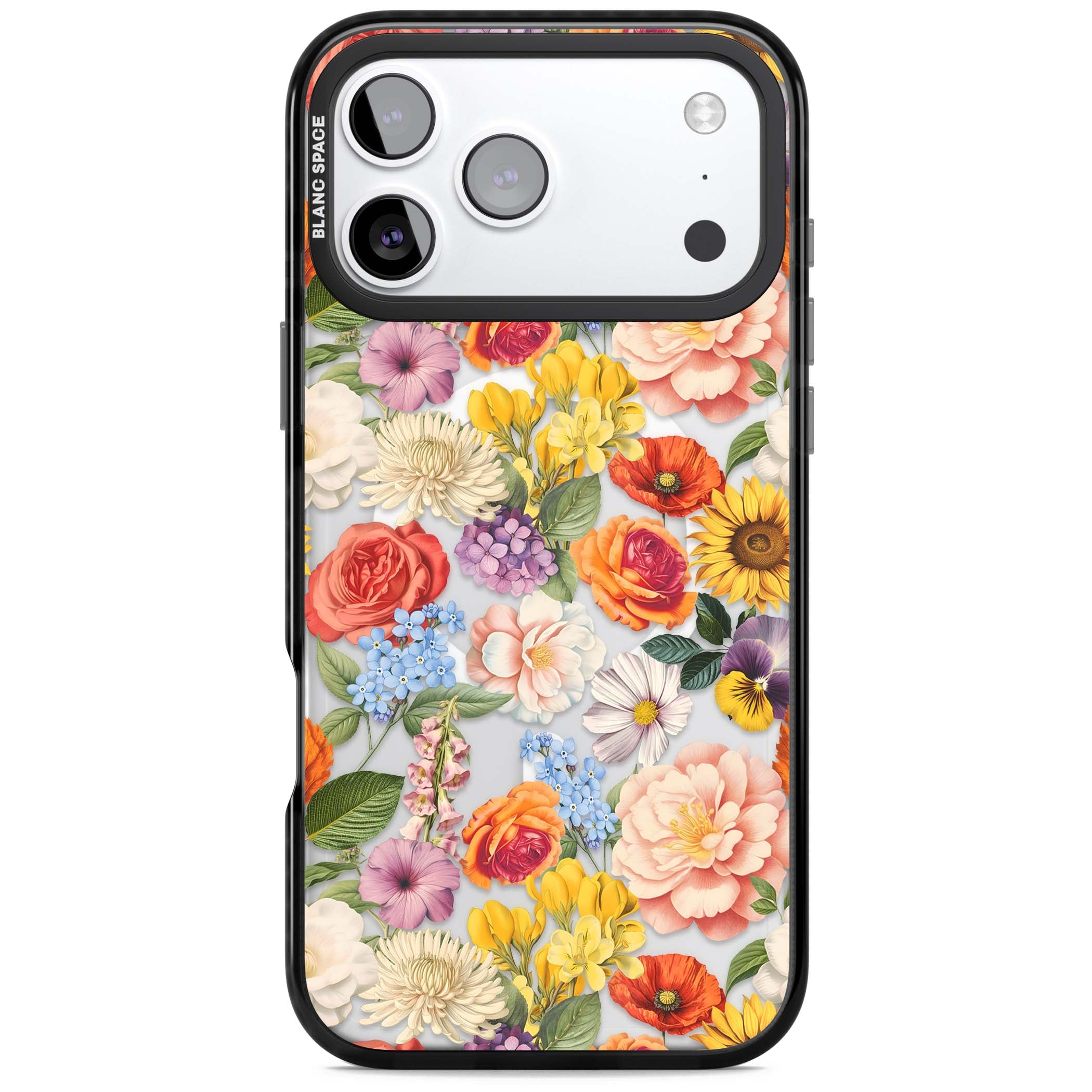 Bloom Basket floral iPhone case featuring cottage garden flowers including peonies, sunflowers, and wildflowers in pastel col | Black Impact Magsafe case for iPhone 17 Pro, iPhone 17 Pro Max