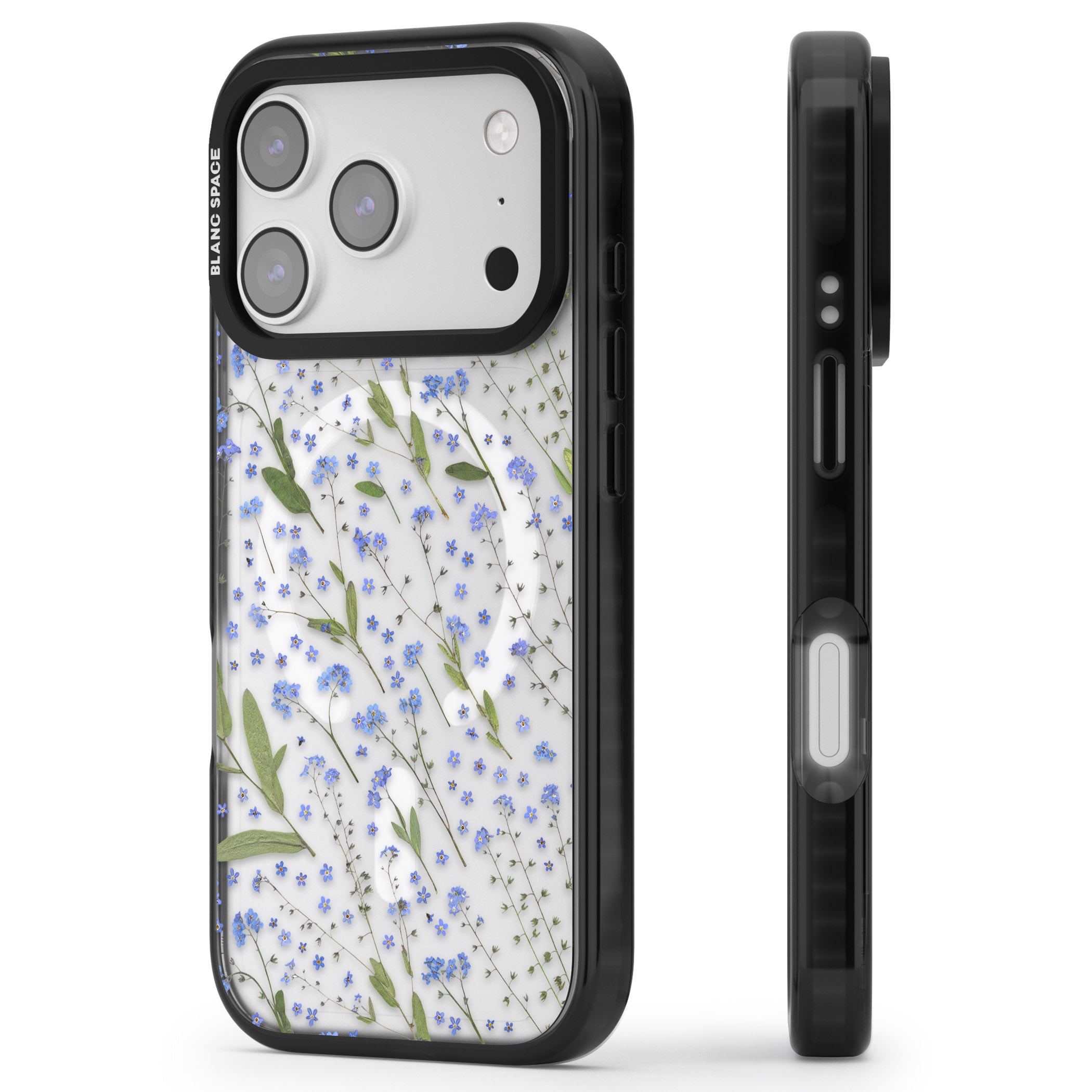 Blue Meadow Floral iPhone 17 Pro Impact Pro Black Phone Case Side Profile