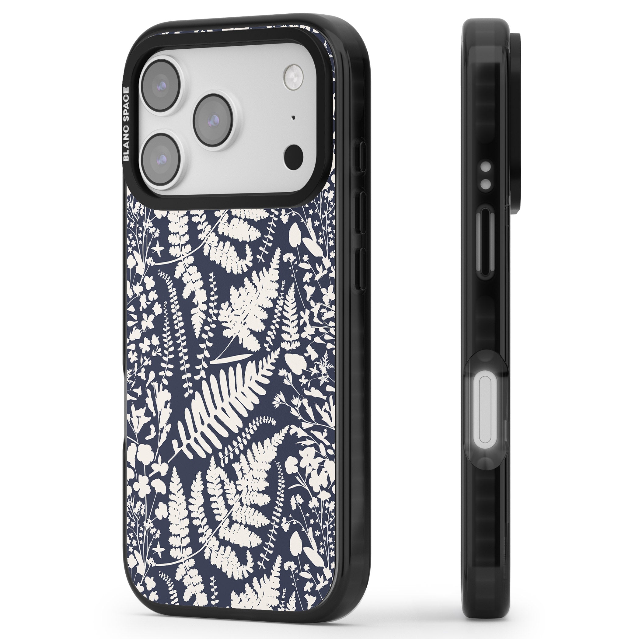 Wildflowers & Ferns On Navy iPhone 17 Pro Impact Pro Black Phone Case Side Profile