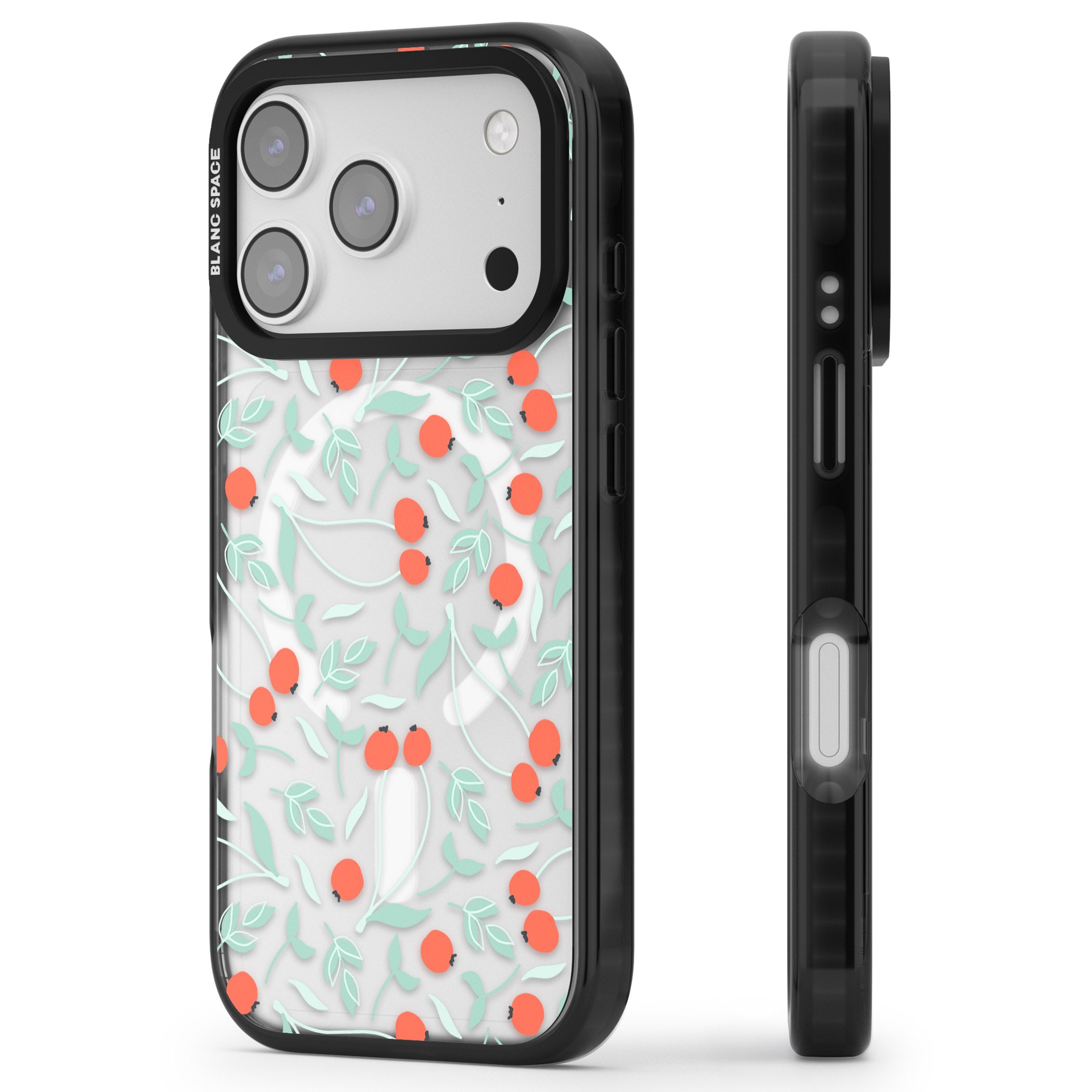 Red Berries Floral iPhone 17 Pro Impact Pro Black Phone Case Side Profile