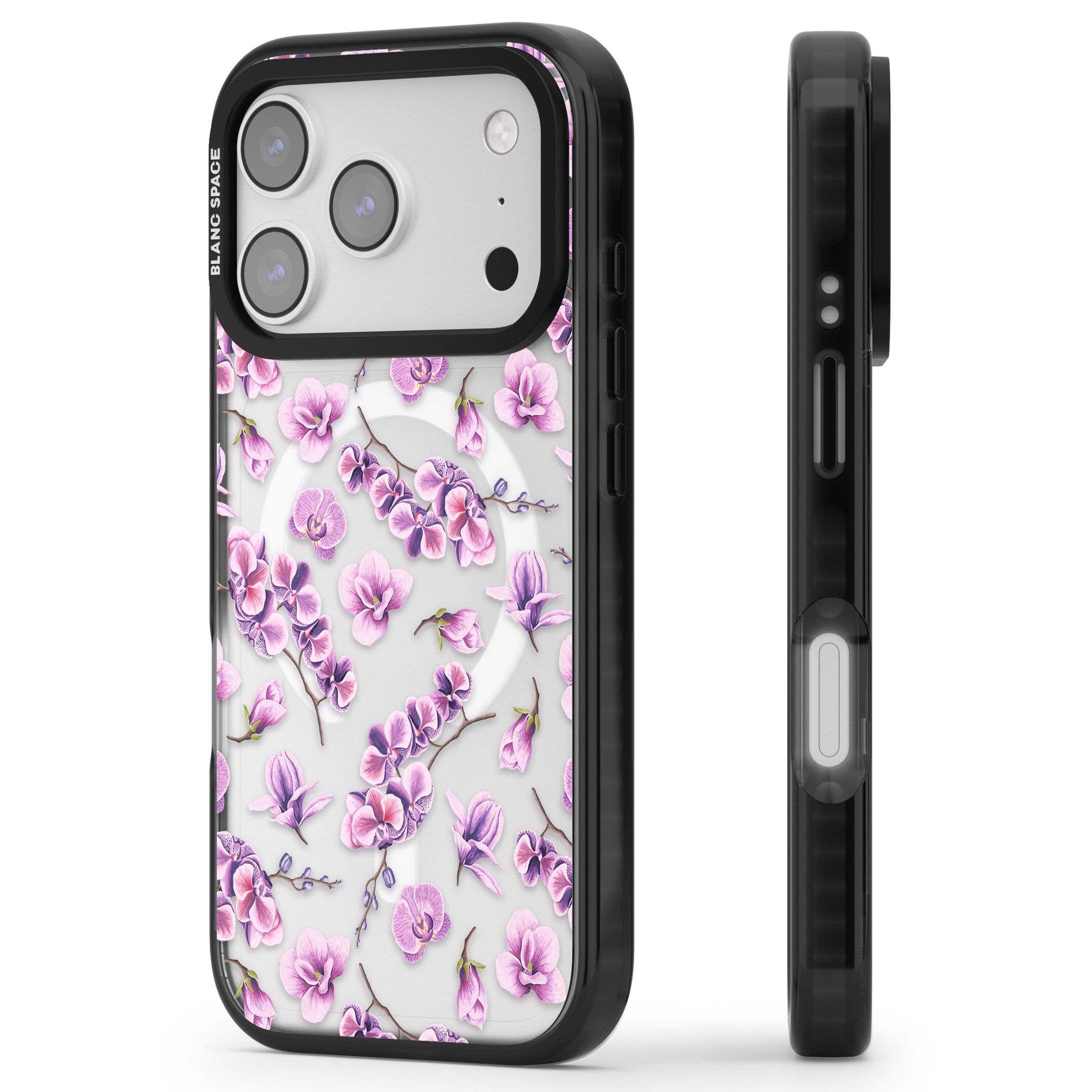 Purple Orchids Floral iPhone 17 Pro Impact Pro Black Phone Case Side Profile