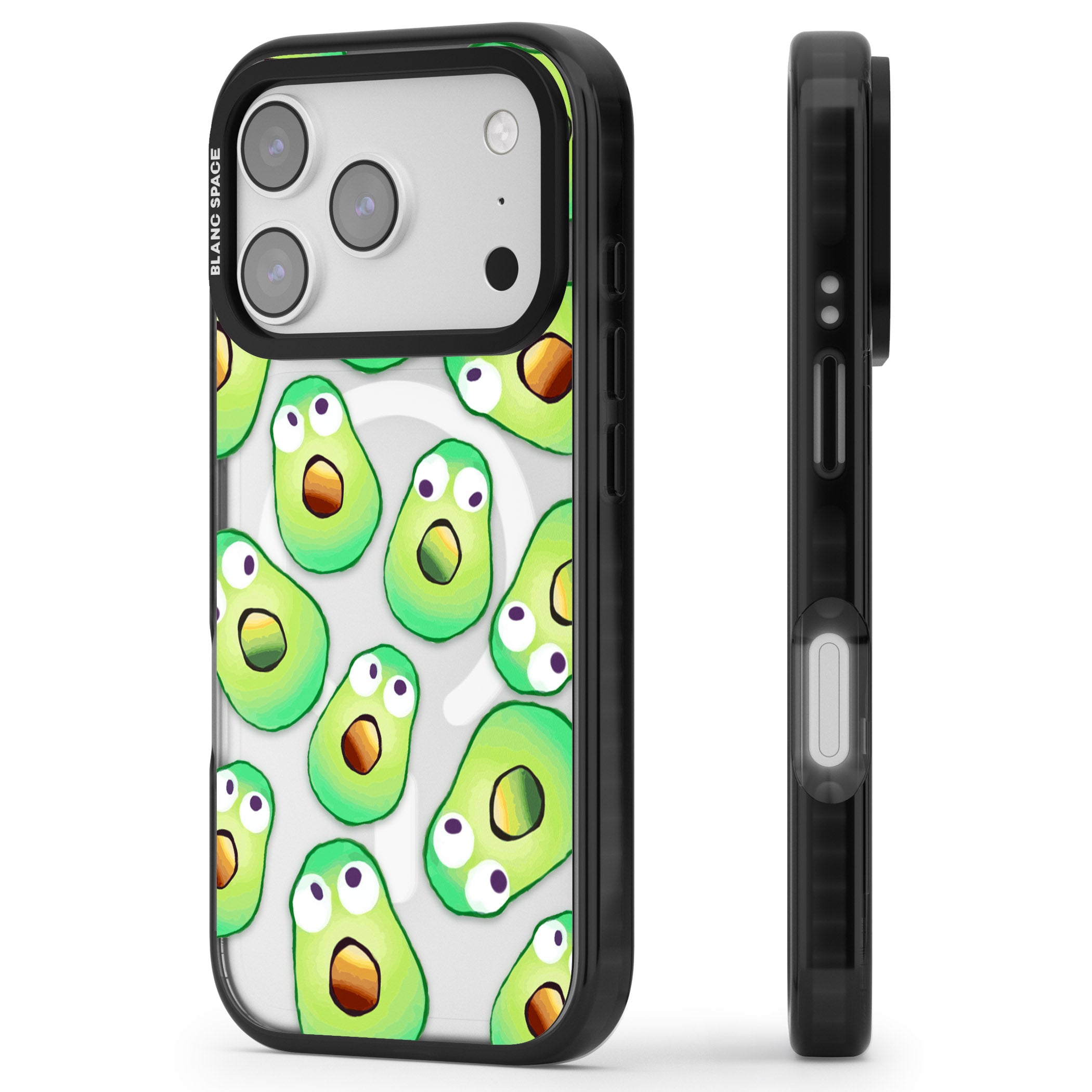Shocked Avocados iPhone 17 Pro Impact Pro Black Phone Case Side Profile