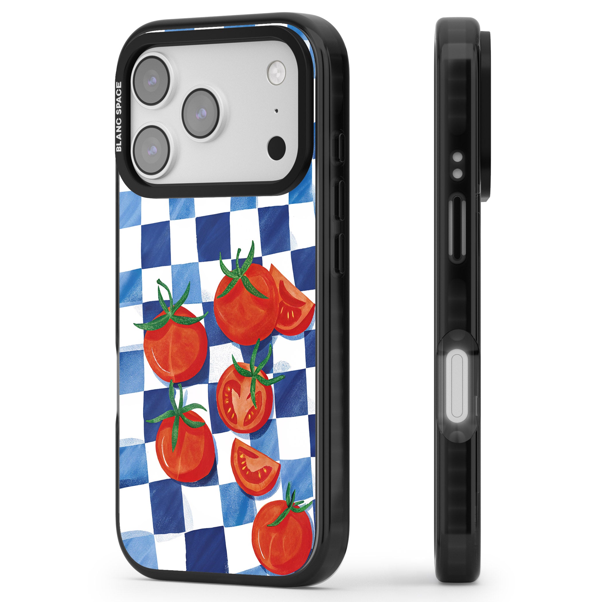 Blue Picnic Blanket & Tomatoes iPhone 17 Pro Impact Pro Black Phone Case Side Profile