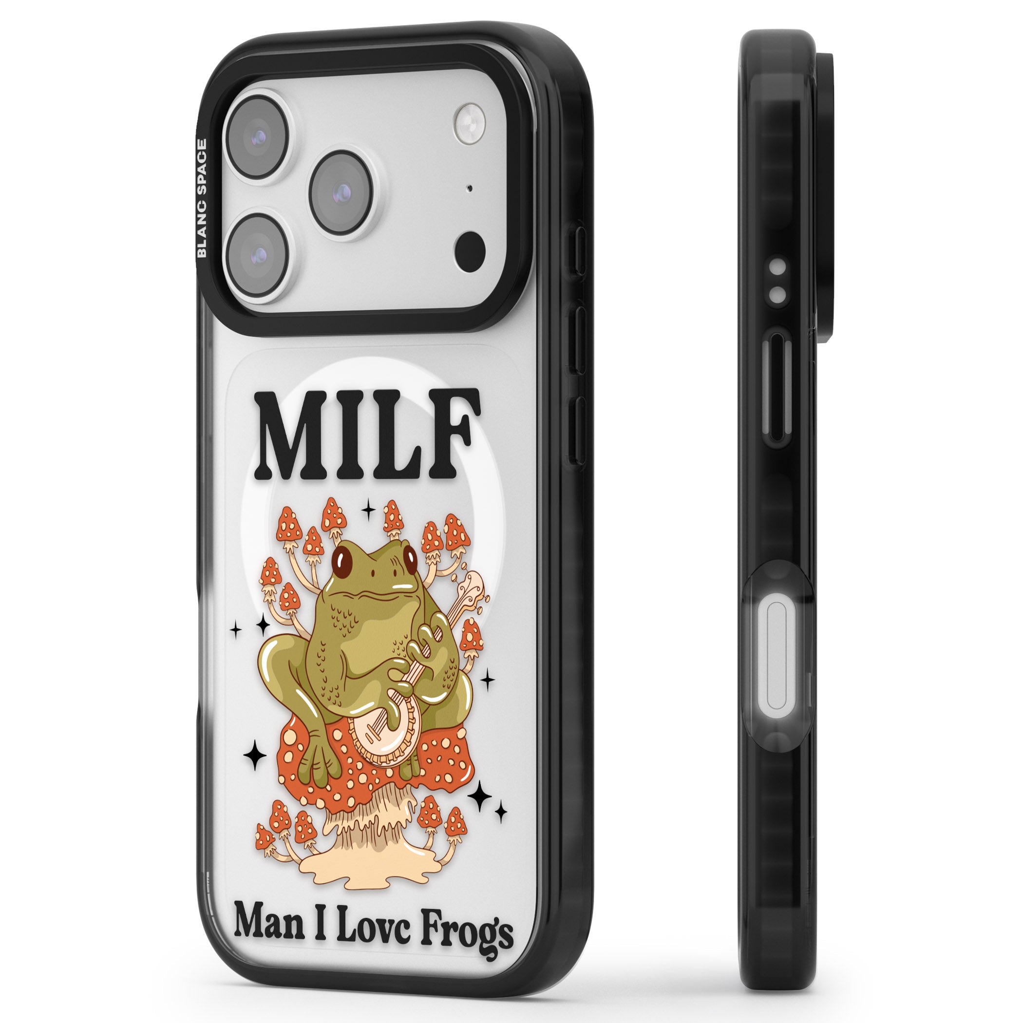 Man I Love Frogs iPhone 17 Pro Impact Pro Black Phone Case Side Profile