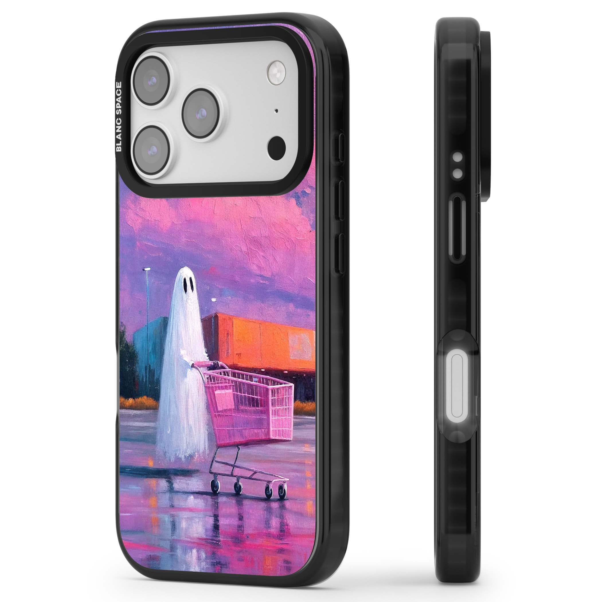 A Ghost's Errand ghost halloween iPhone case featuring a painted ghost, pink shopping trolley and purple sunset sky | Black Impact Magsafe case for iPhone 17 Pro, iPhone 17 Pro Max
