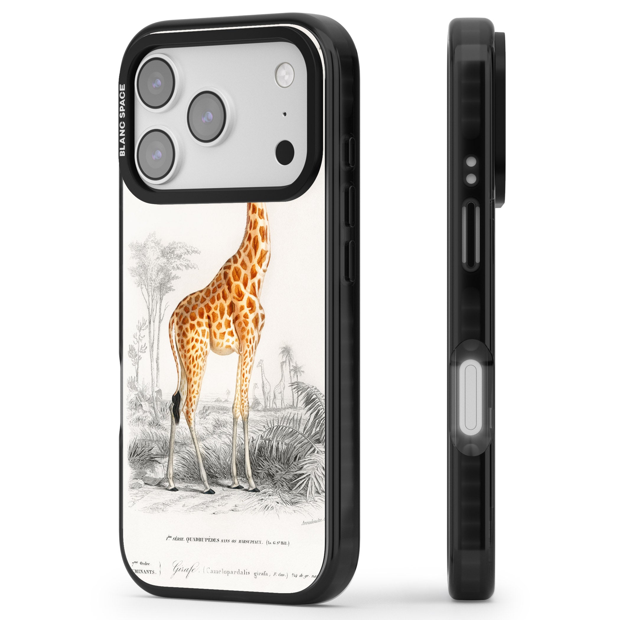 Vintage Giraffe Art iPhone 17 Pro Impact Pro Black Phone Case Side Profile