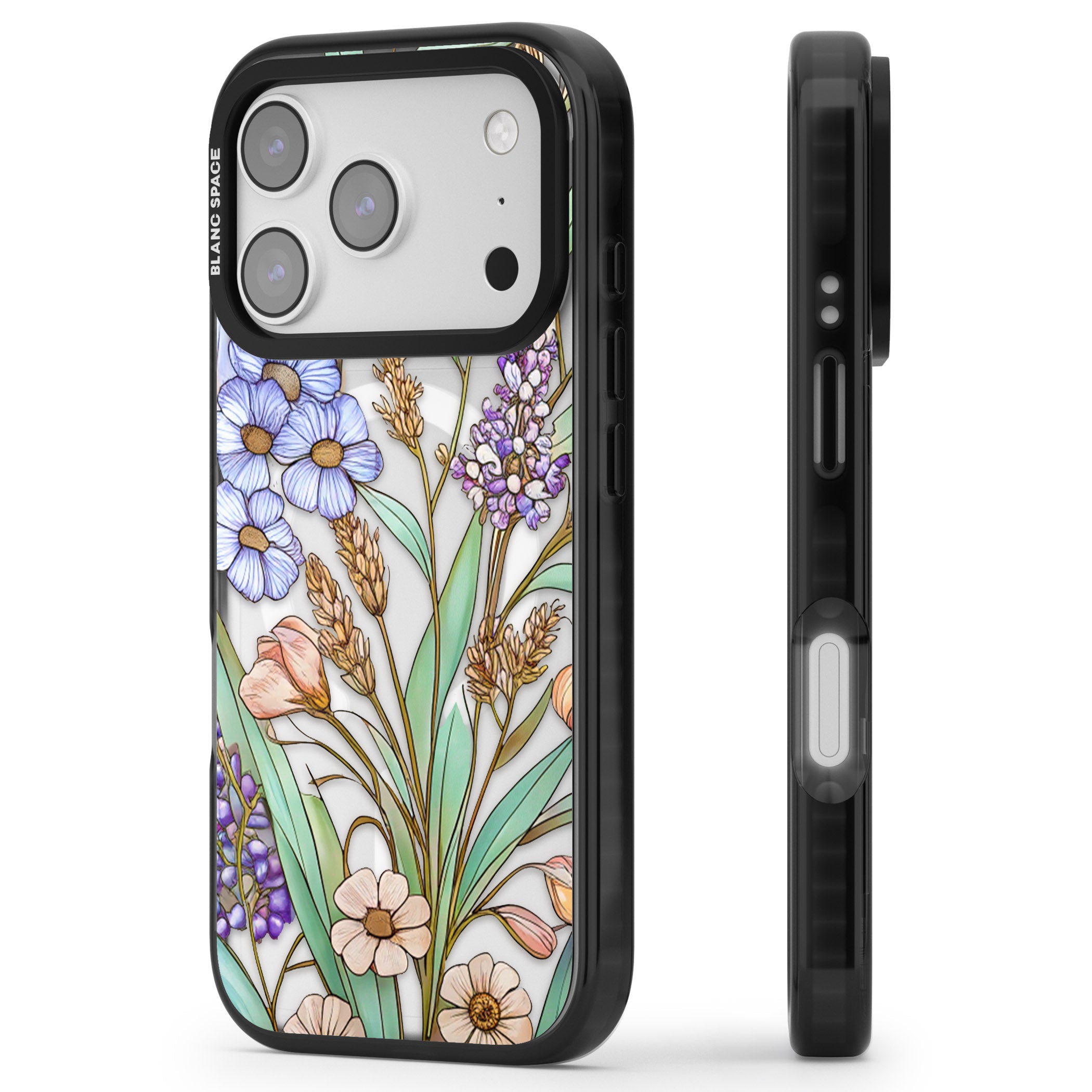 Glass Lavenders & Daisies iPhone 17 Pro Impact Pro Black Phone Case Side Profile
