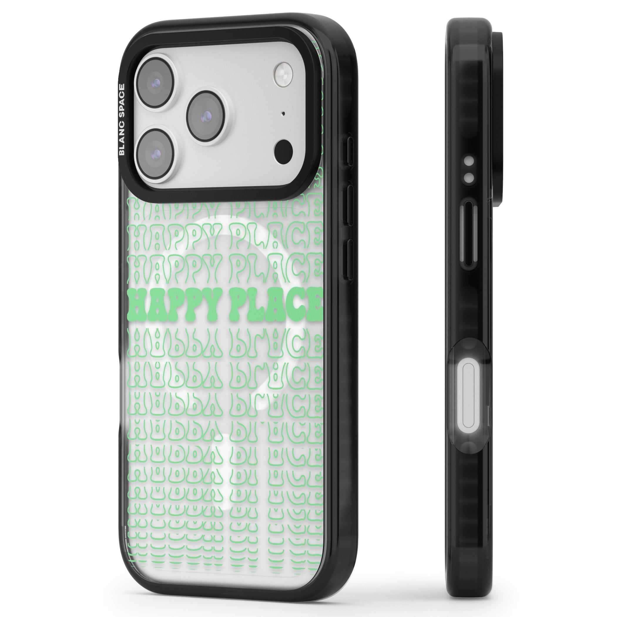 Happy Place (Green) iPhone 17 Pro Impact Pro Black Phone Case Side Profile