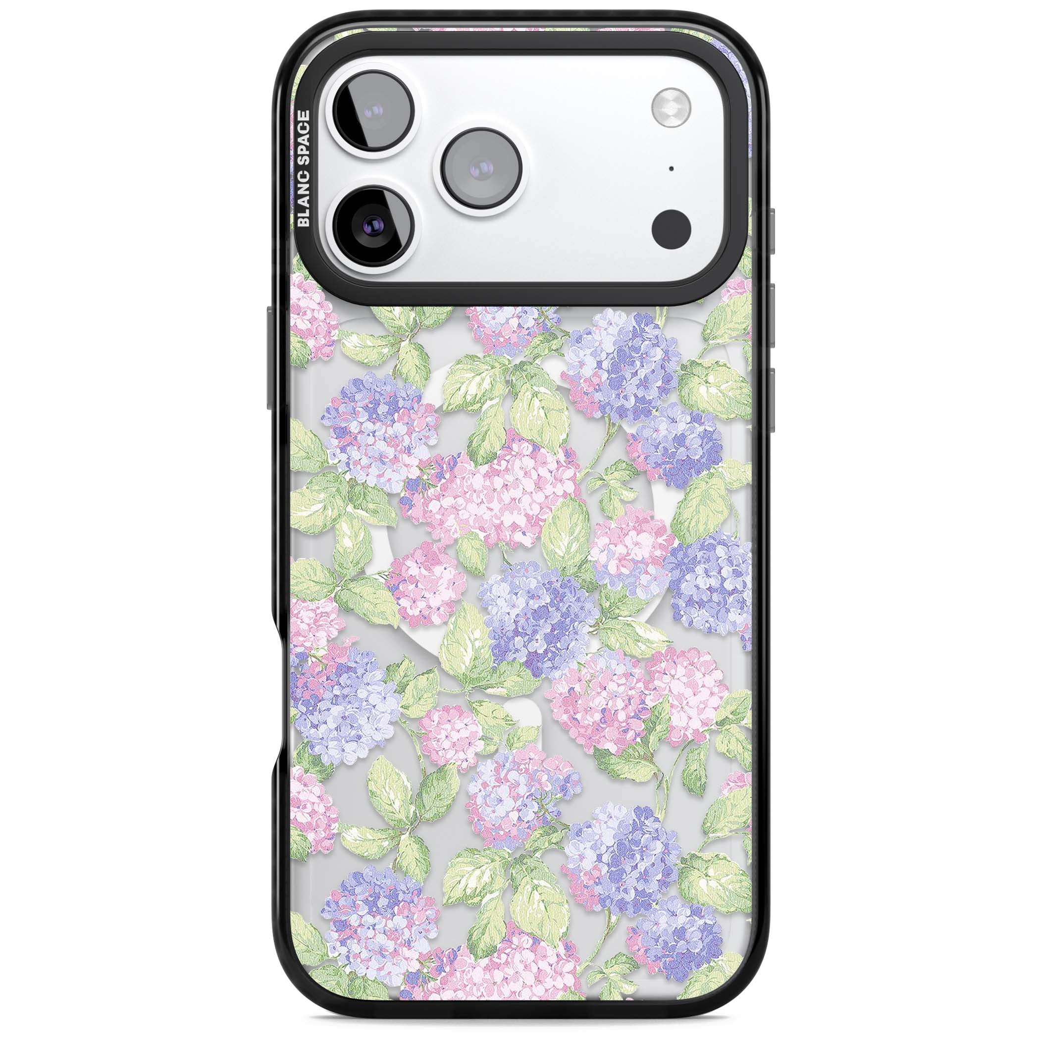 Cottage Hydrangea cottagecore iPhone case featuring pink and purple hydrangea blooms with green leaves on a clear background | Black Impact Magsafe case for iPhone 17 Pro, iPhone 17 Pro Max