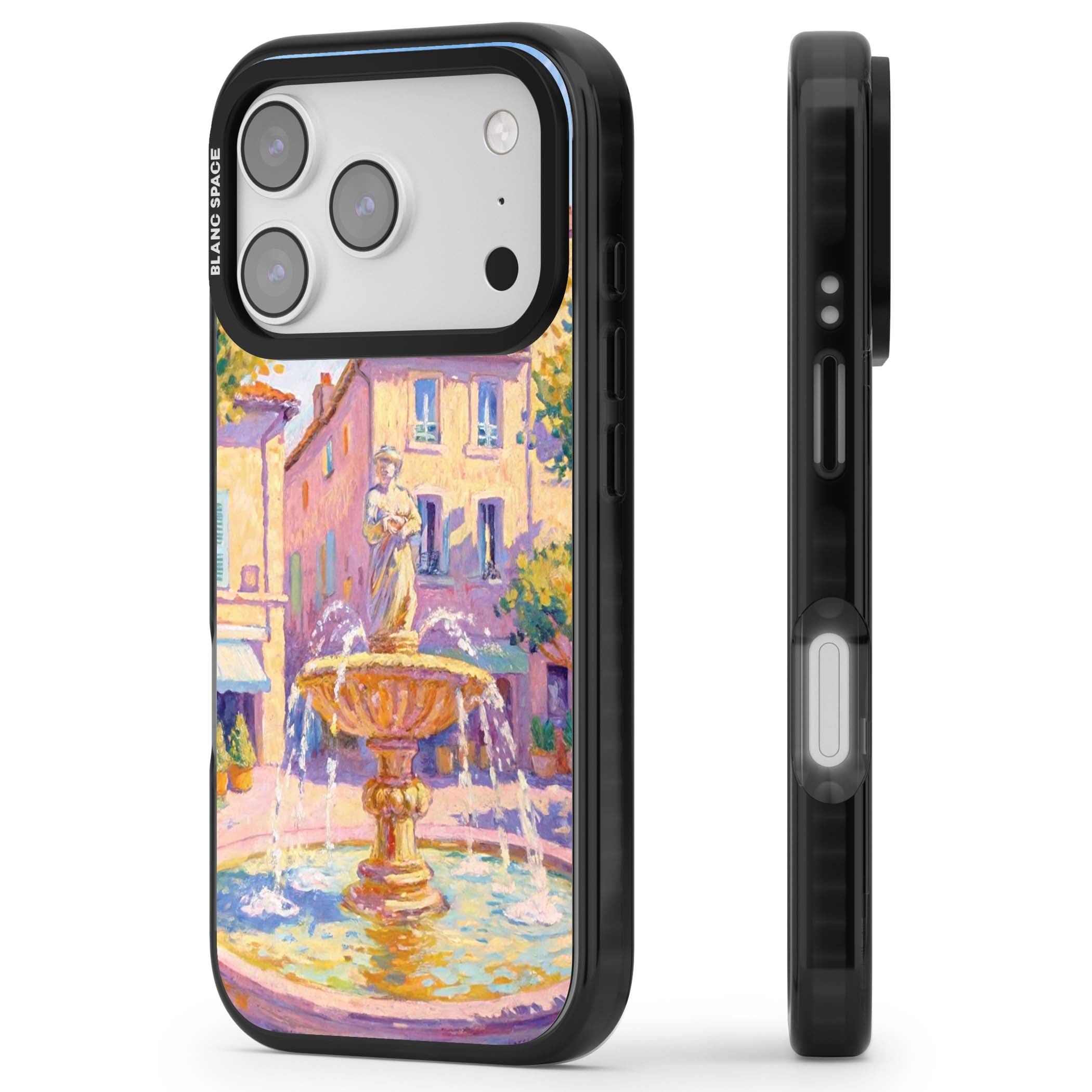 Fountain Square fine art iPhone case featuring an impressionist Provençal fountain, pastel village buildings and summe | Black Impact Magsafe case for iPhone 17 Pro, iPhone 17 Pro Max