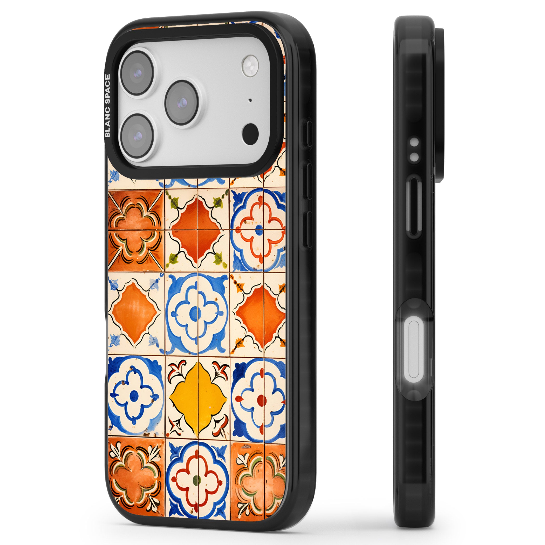 Spanish Mosaic Tiles iPhone 17 Pro Impact Pro Black Phone Case Side Profile
