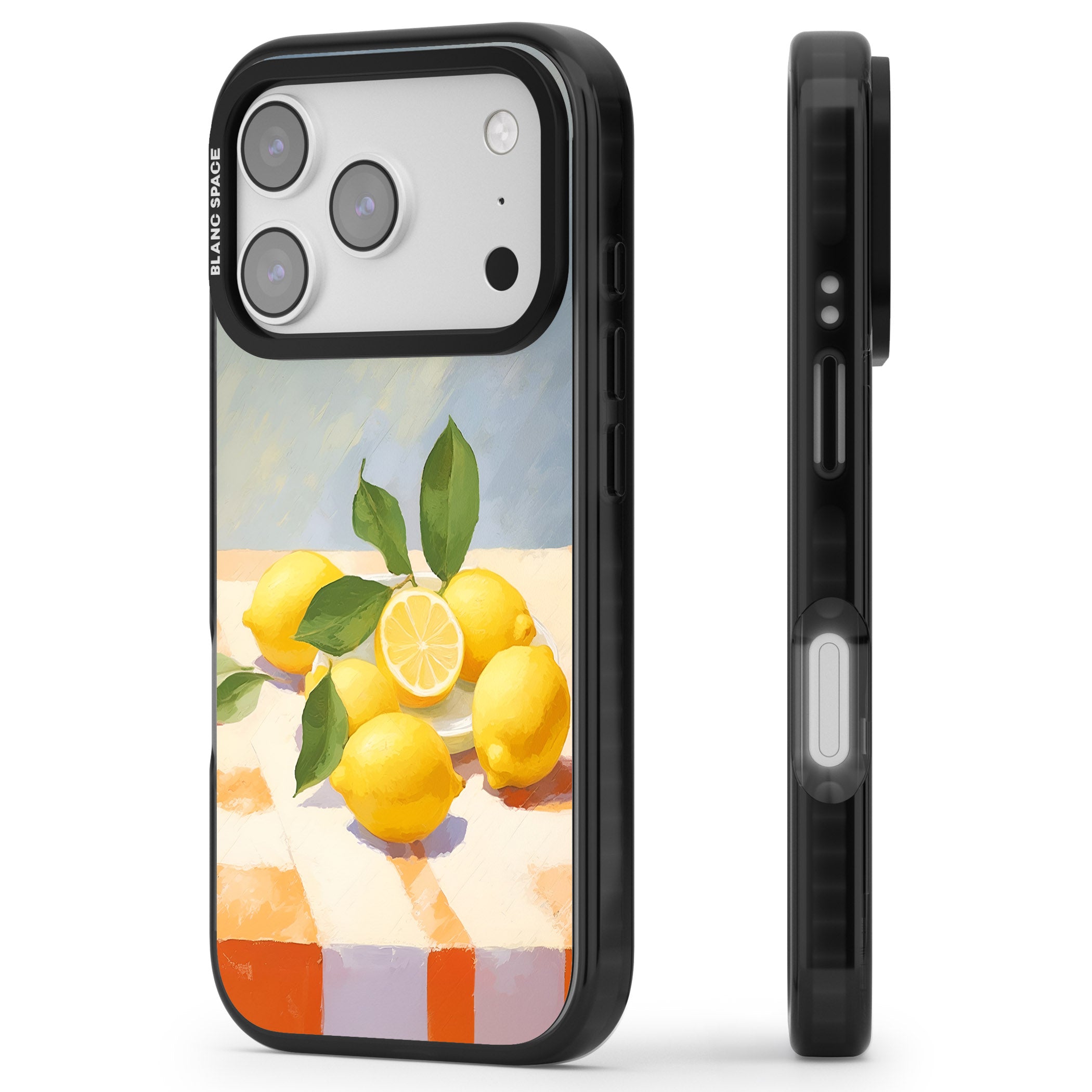 Lemons on Checkered Cloth iPhone 17 Pro Impact Pro Black Phone Case Side Profile