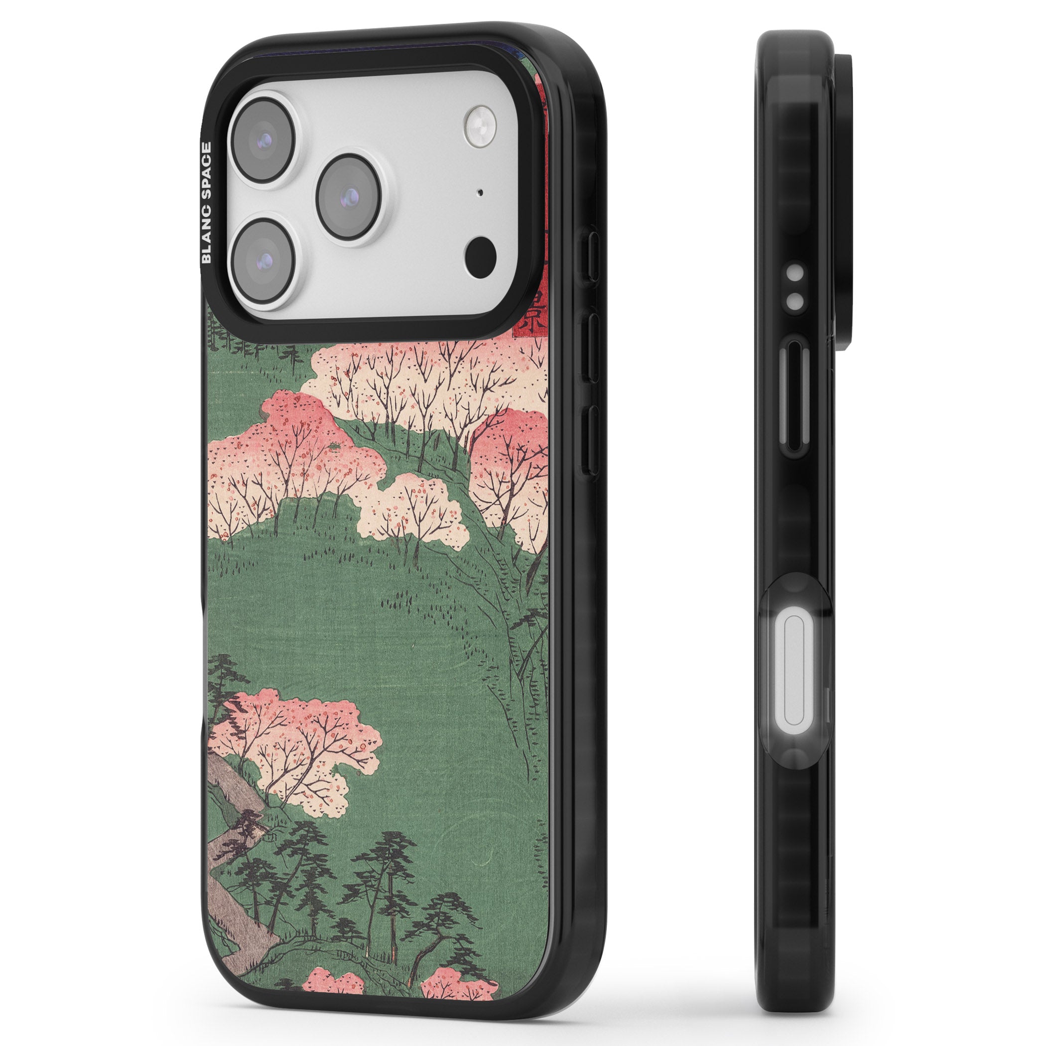 Japanese Illustration Cherry Blossom Forest iPhone 17 Pro Impact Pro Black Phone Case Side Profile