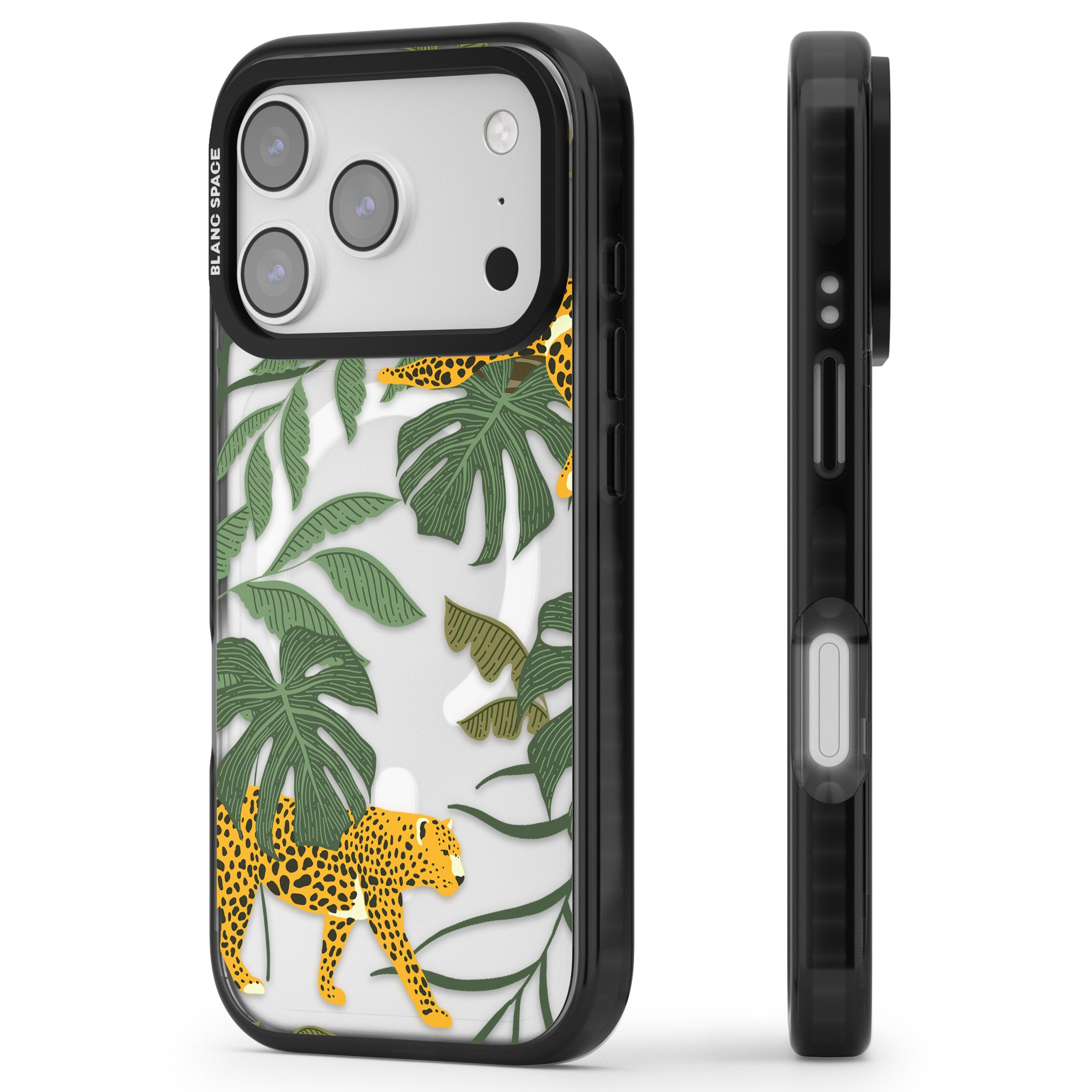 Jungle Cat Pattern iPhone 17 Pro Impact Pro Black Phone Case Side Profile