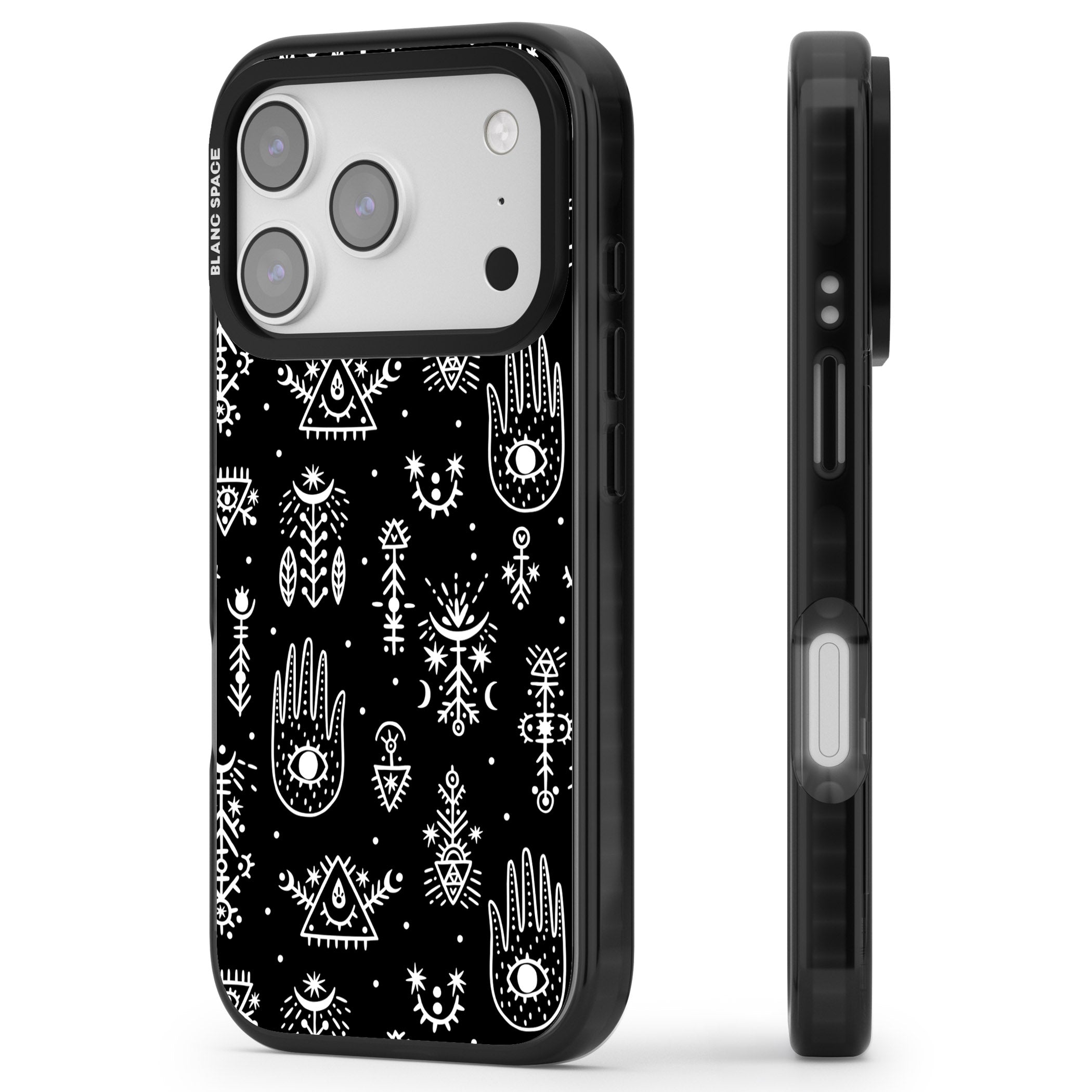 Tribal Symbols Black iPhone 17 Pro Impact Pro Black Phone Case Side Profile