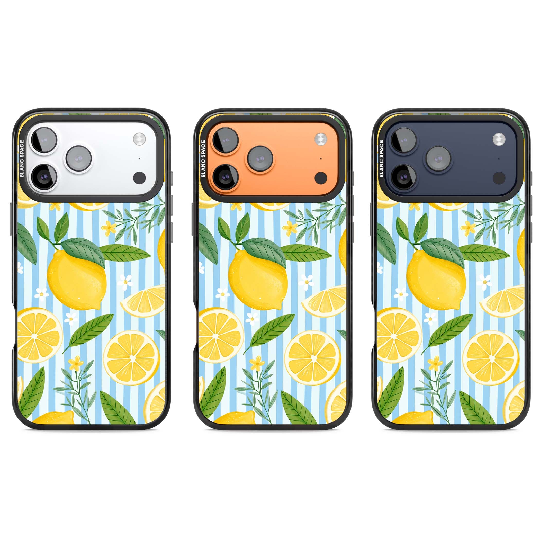 Capri Citrus Stripe coastal iPhone case featuring yellow lemons, blue stripes, and white daisy blossoms | Black Impact Magsafe case for iPhone 17 Pro, iPhone 17 Pro Max