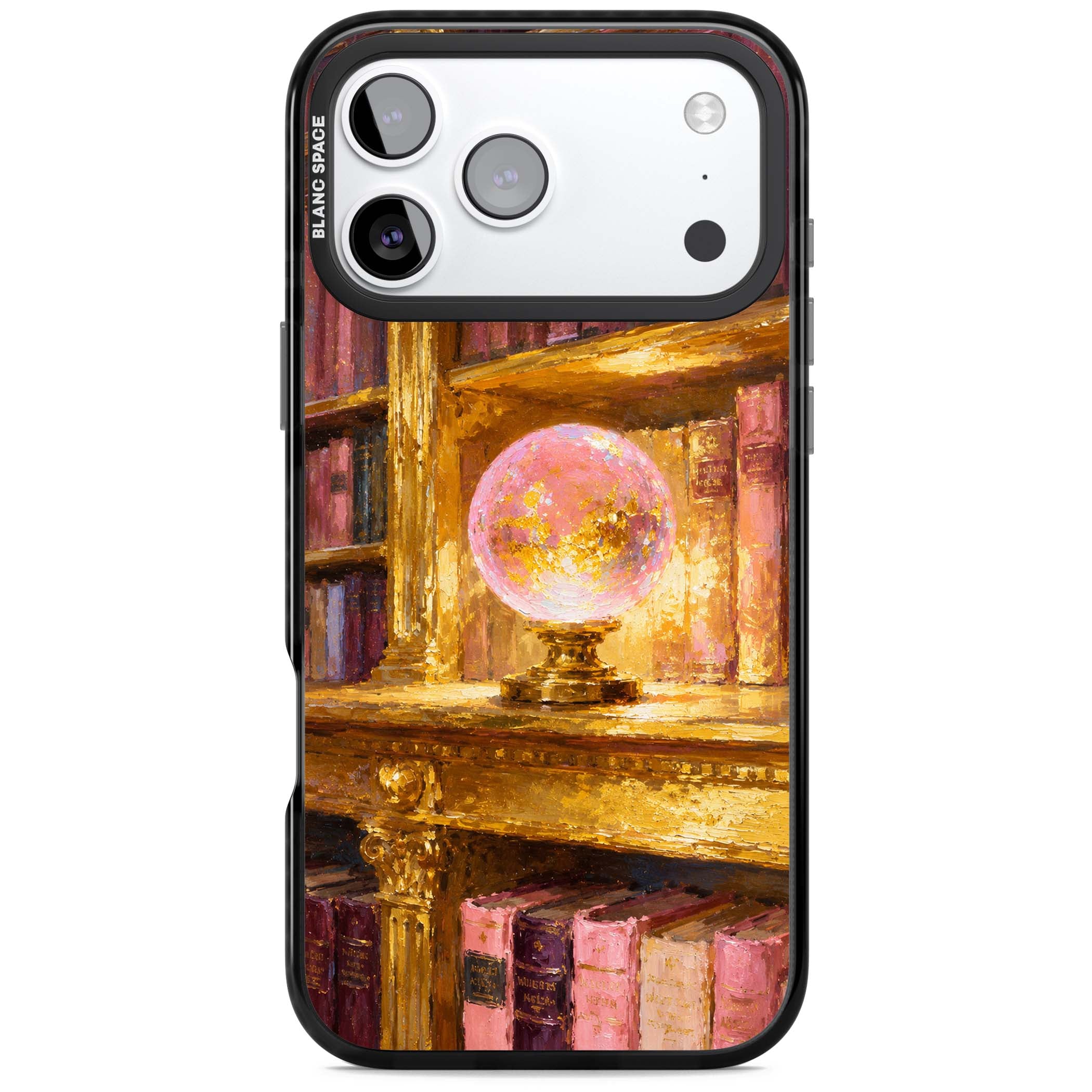 Gilded Library dark academia iPhone case featuring an oil painted crystal ball on a gilded library shelf with vintage | Black Impact Magsafe case for iPhone 17 Pro, iPhone 17 Pro Max