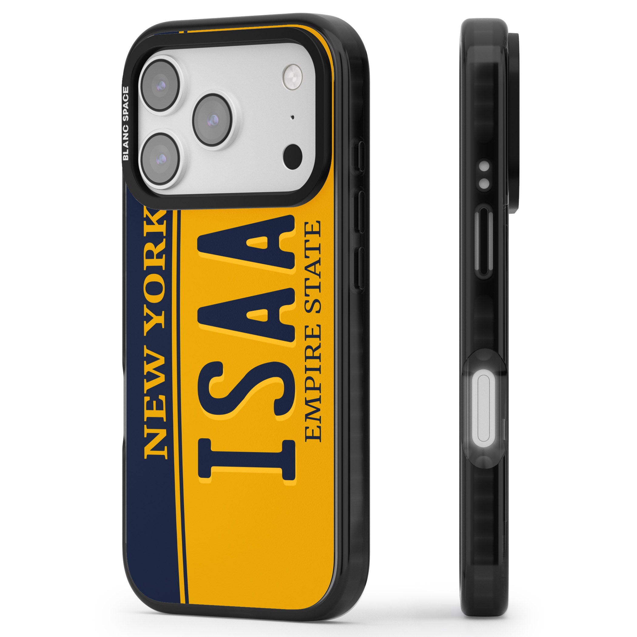 Personalised New York License Plate iPhone 17 Pro Impact Pro Black Phone Case Side Profile