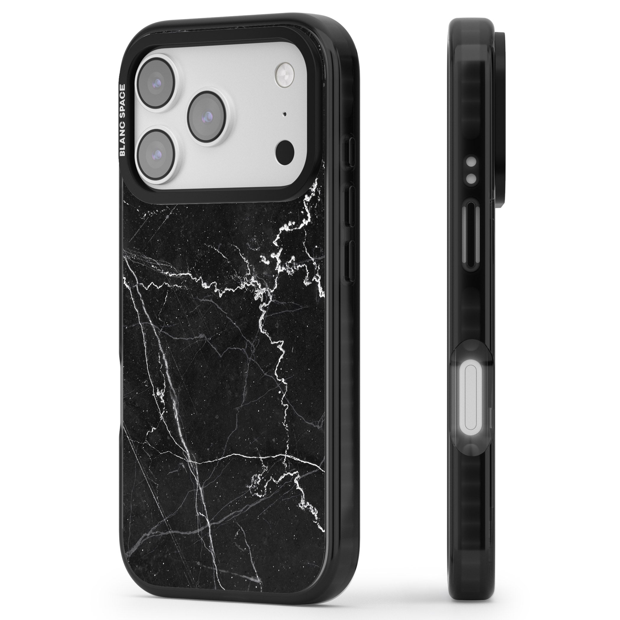 Bold Black Marble With White Texture iPhone 17 Pro Impact Pro Black Phone Case Side Profile