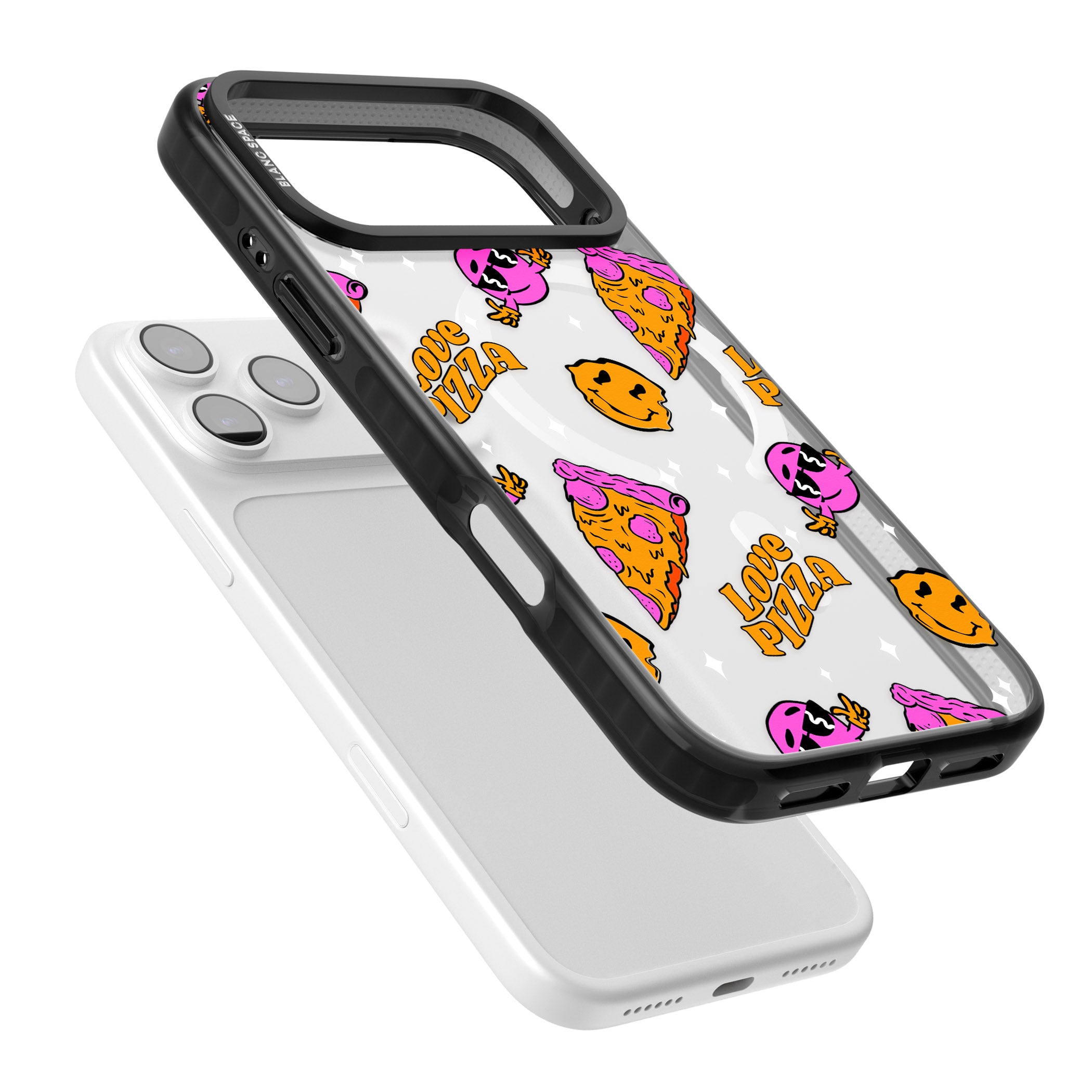 Psychedelic Love Pizza Pattern (Clear) iPhone 17 Pro Impact Pro Black Phone Case Colours