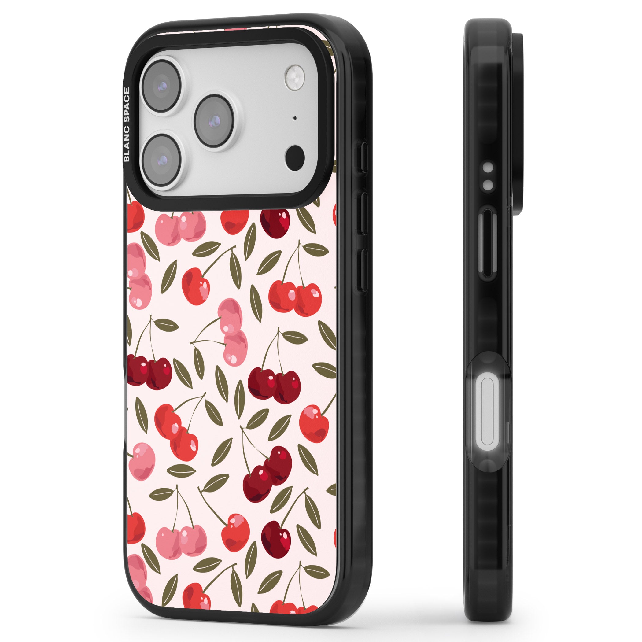 Fruity & Fun Patterns Cherries iPhone 17 Pro Impact Pro Black Phone Case Side Profile