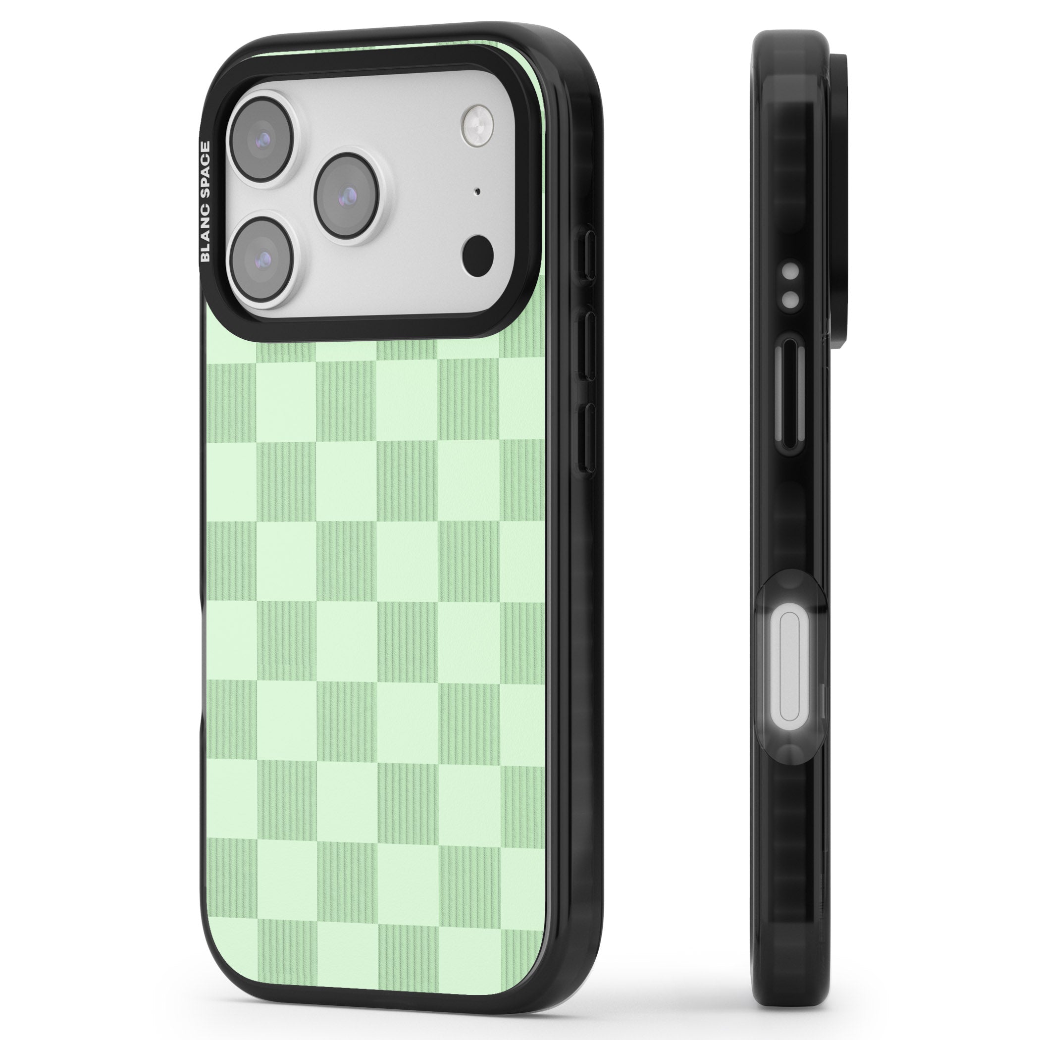 Seafoam Checkered iPhone 17 Pro Impact Pro Black Phone Case Side Profile