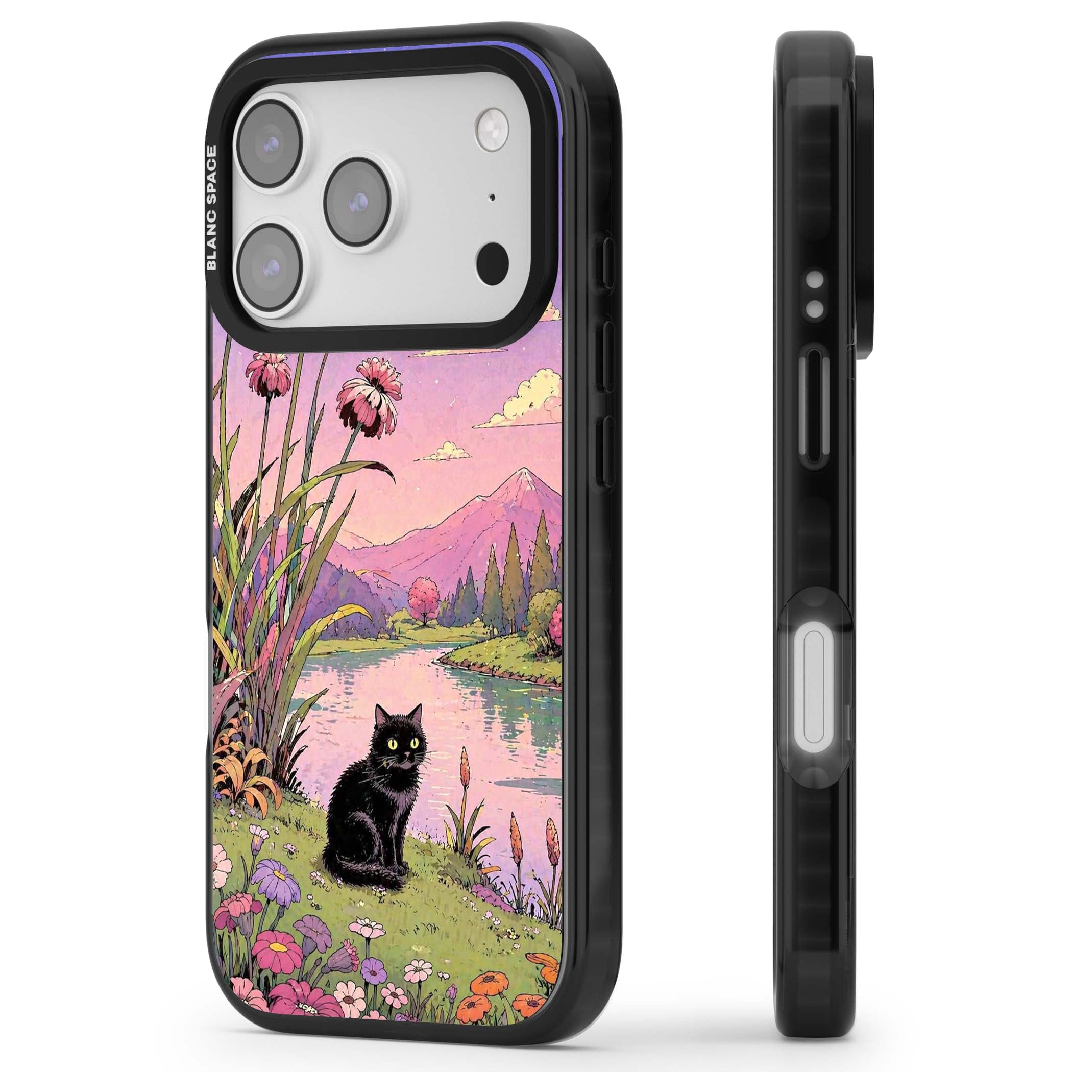 Mystic Whiskers ghibli iPhone case featuring a black cat by a pastel lake, wildflowers and a starry sunset sky | Black Impact Magsafe case for iPhone 17 Pro, iPhone 17 Pro Max