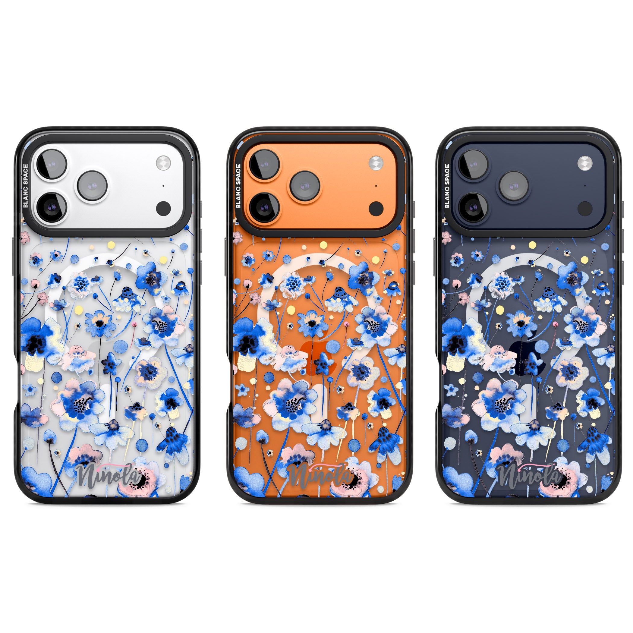 Ink Flowers Blue iPhone 17 Pro Impact Pro Black Phone Case APT Impact Protection