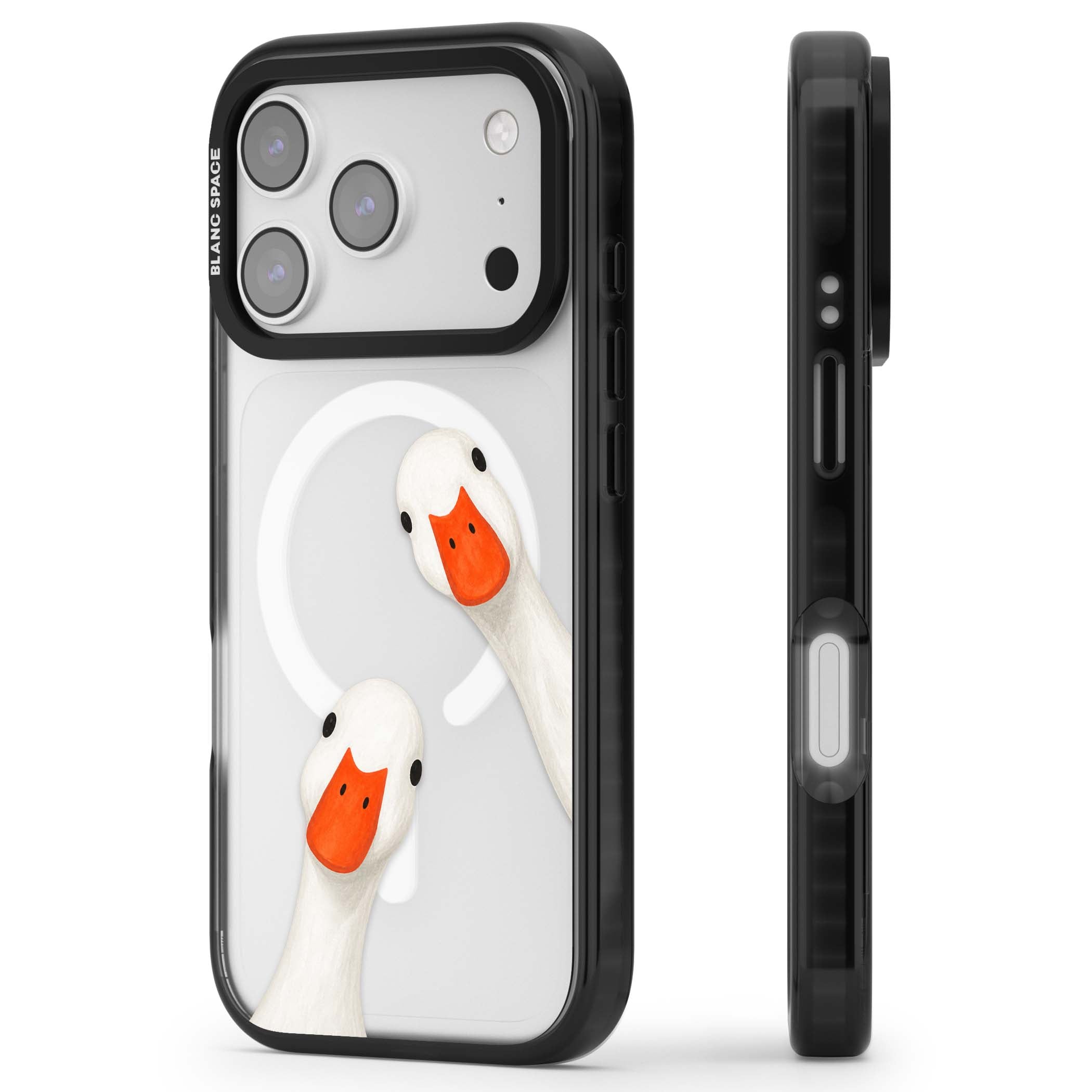 Nosy Ducks cottagecore iPhone case featuring two peeking white ducks with orange beaks on a clear background | Black Impact Magsafe case for iPhone 17 Pro, iPhone 17 Pro Max