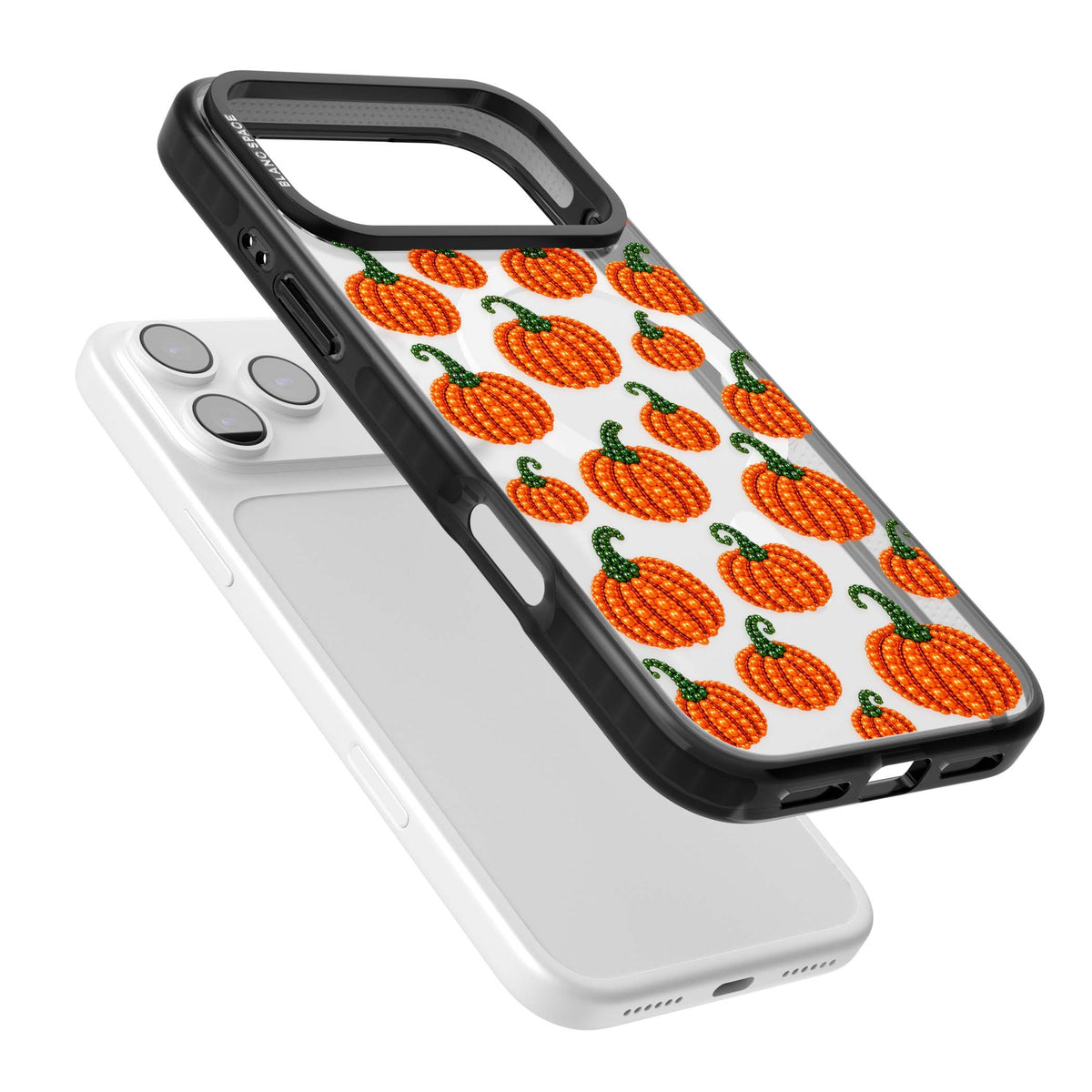 Beaded Pumpkins halloween iPhone case featuring beaded orange pumpkins with green stems on a clear background | Black Impact Magsafe case for iPhone 17 Pro, iPhone 17 Pro Max