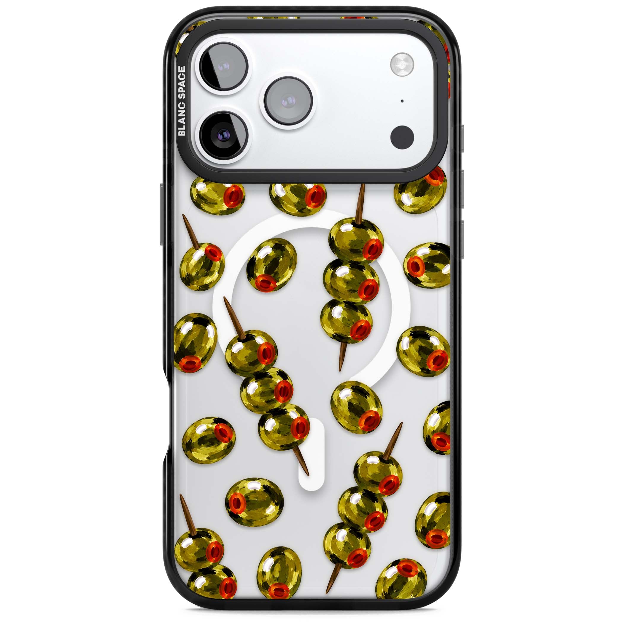 Painted Olives cocktail iPhone case featuring green olives, pimento centres and toothpick skewers on a clear background | Black Impact Magsafe case for iPhone 17 Pro, iPhone 17 Pro Max