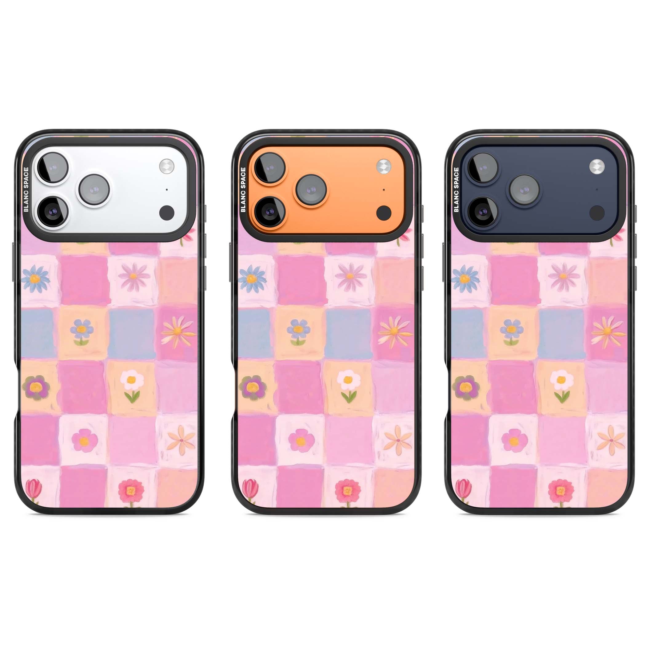 Pastel Flower Patchwork cottagecore iPhone case featuring painted pink and lilac squares with daisies and wildflowers | Black Impact Magsafe case for iPhone 17 Pro, iPhone 17 Pro Max