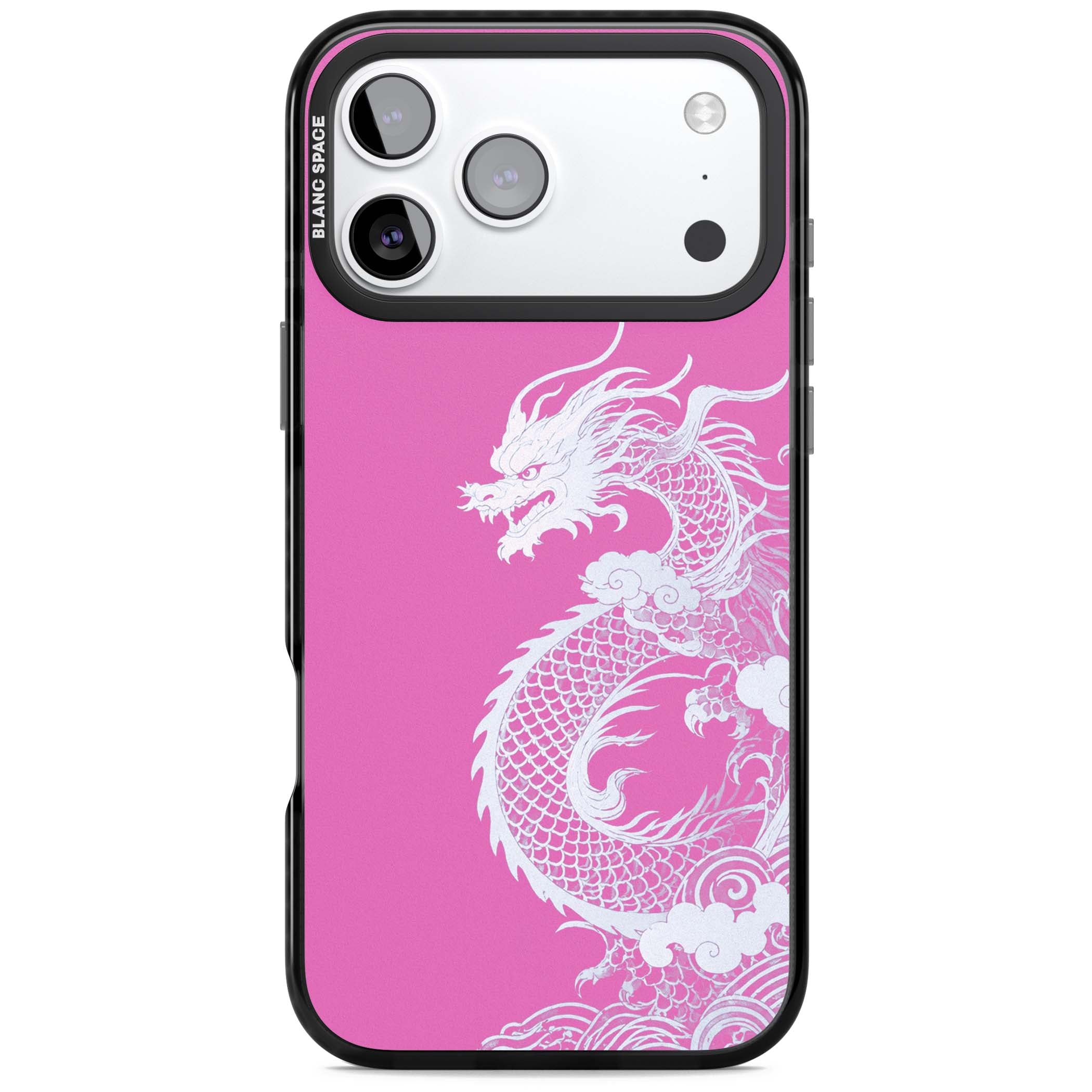 Pink Empress chinese dragon iPhone case featuring a white dragon, swirling clouds and pink dragon wallpaper backdrop | Black Impact Magsafe case for iPhone 17 Pro, iPhone 17 Pro Max