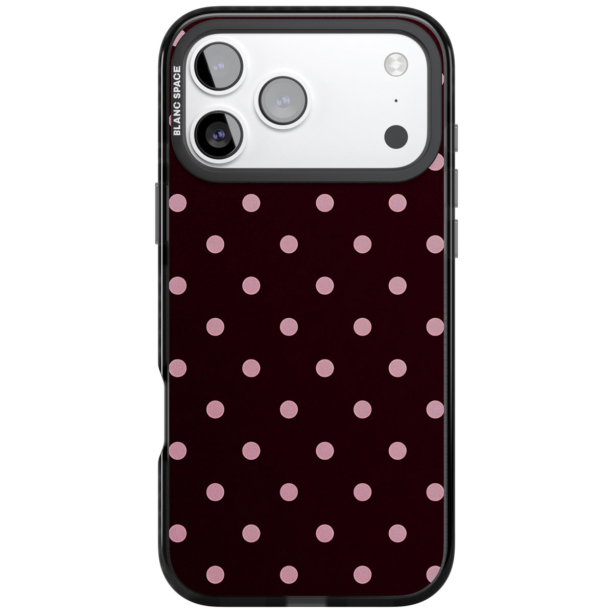 Merlot Dots polka dot iPhone case featuring dusty pink spots on a deep burgundy background in a retro grid iPhone 17 Pro Max Impact Pro Black Phone Case front