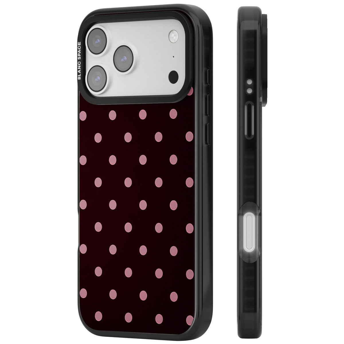 Merlot Dots polka dot iPhone case featuring dusty pink spots on a deep burgundy background in a retro grid iPhone 17 Pro Max Impact Pro Black Phone Case side