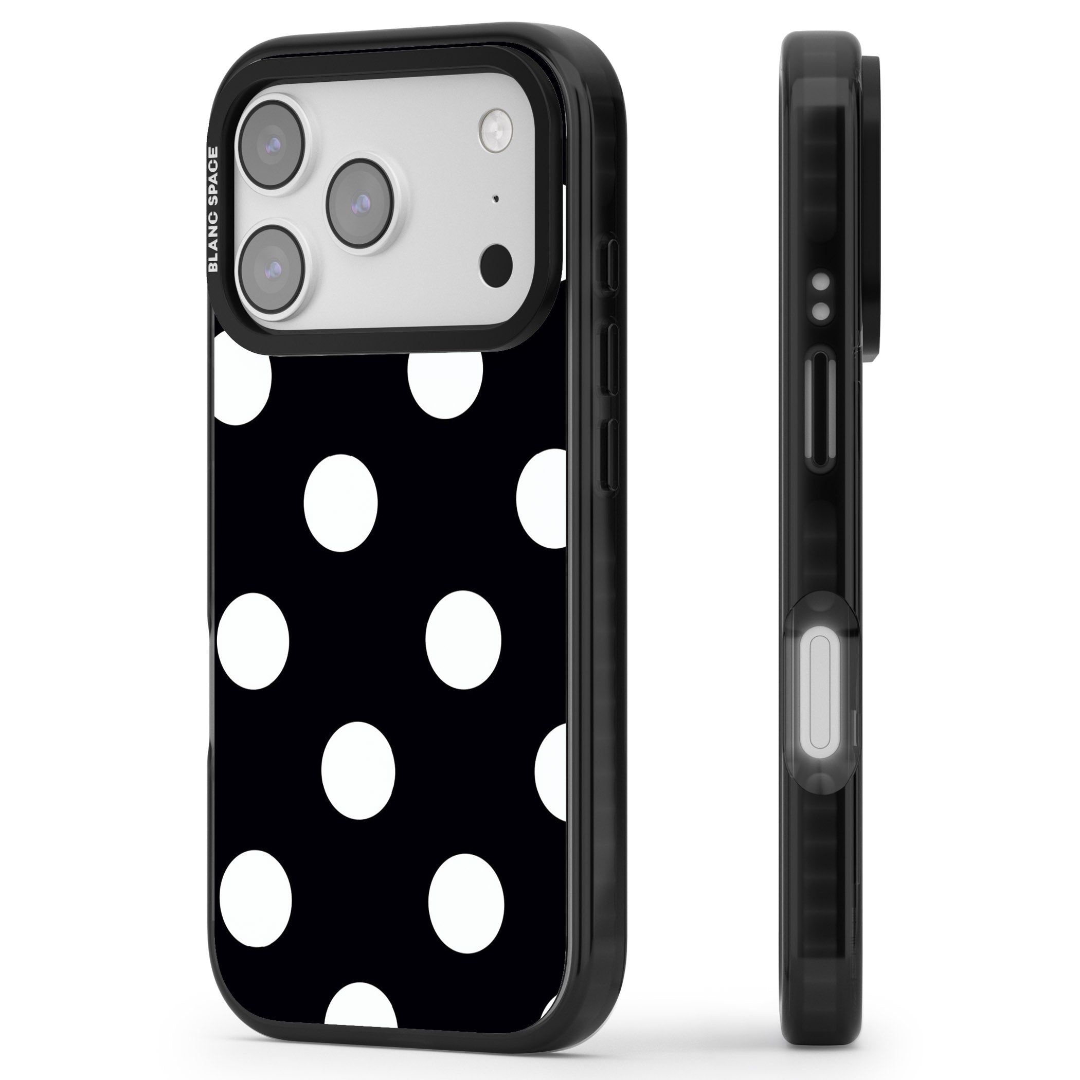 Chic Black Polka Dot iPhone 17 Pro Impact Pro Black Phone Case Side Profile