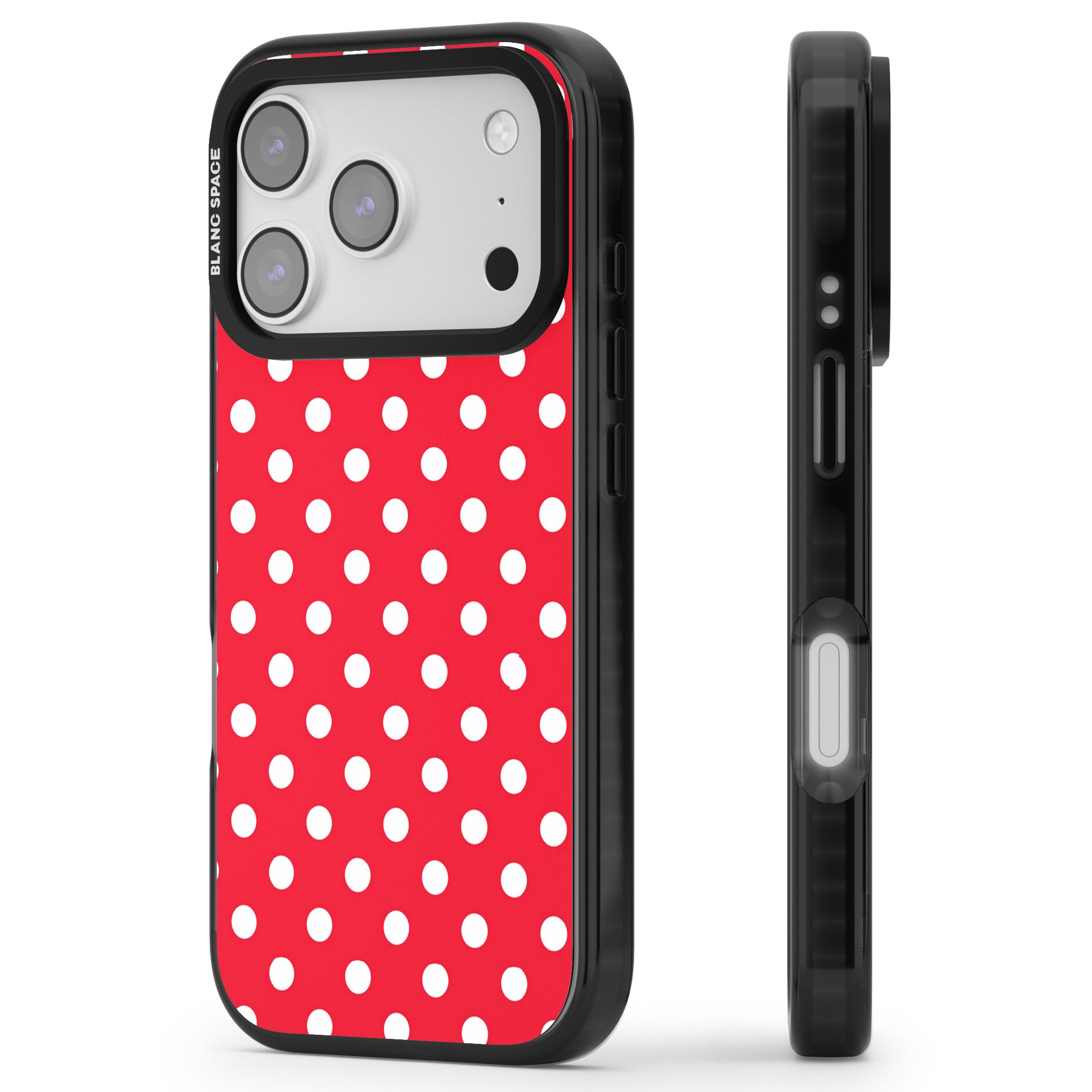 Designer Lava Red Polka Dot iPhone 17 Pro Impact Pro Black Phone Case Side Profile