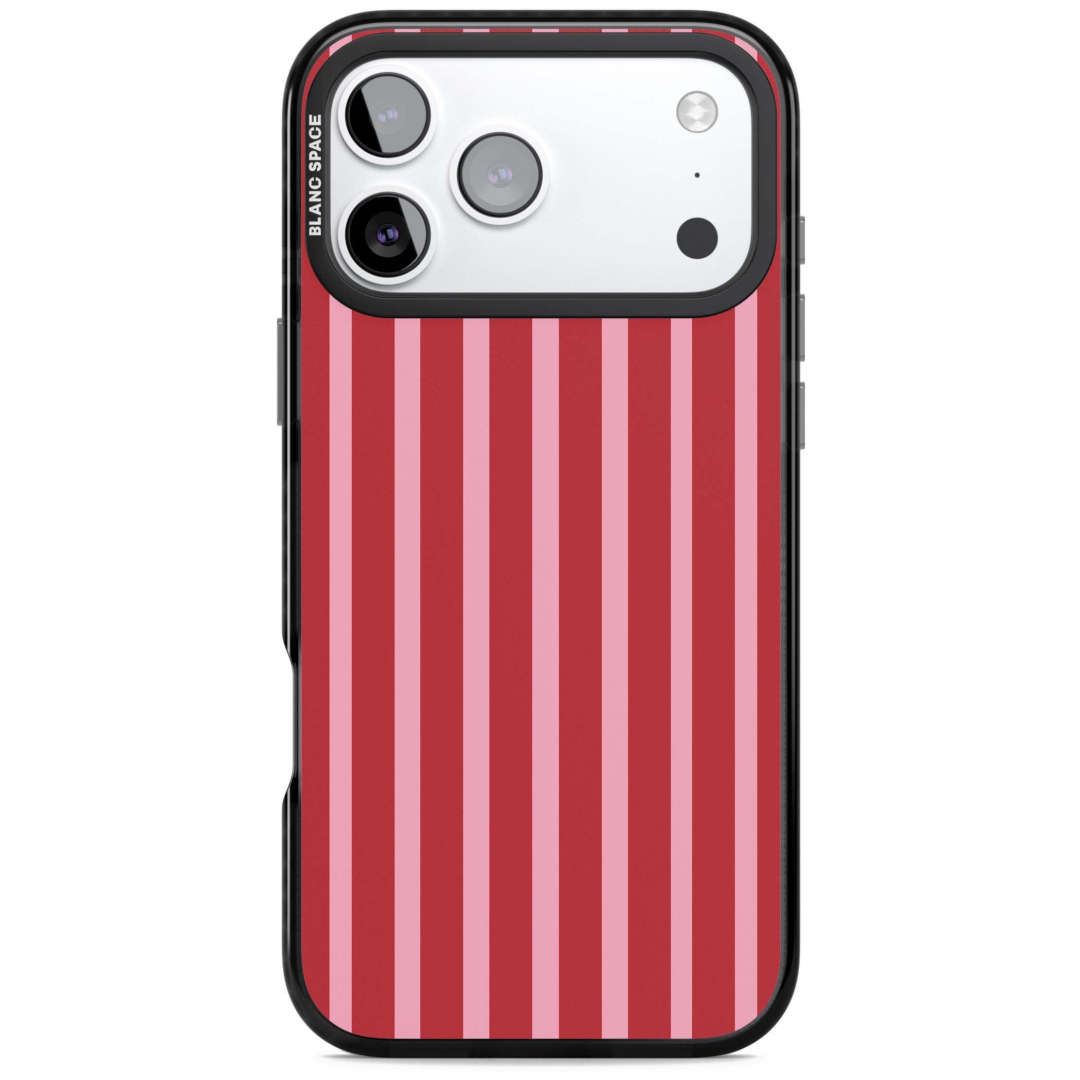 Raspberry Stripe coquette iPhone case featuring red and pink vertical stripes in a candy-inspired pattern | Black Impact Magsafe case for iPhone 17 Pro, iPhone 17 Pro Max