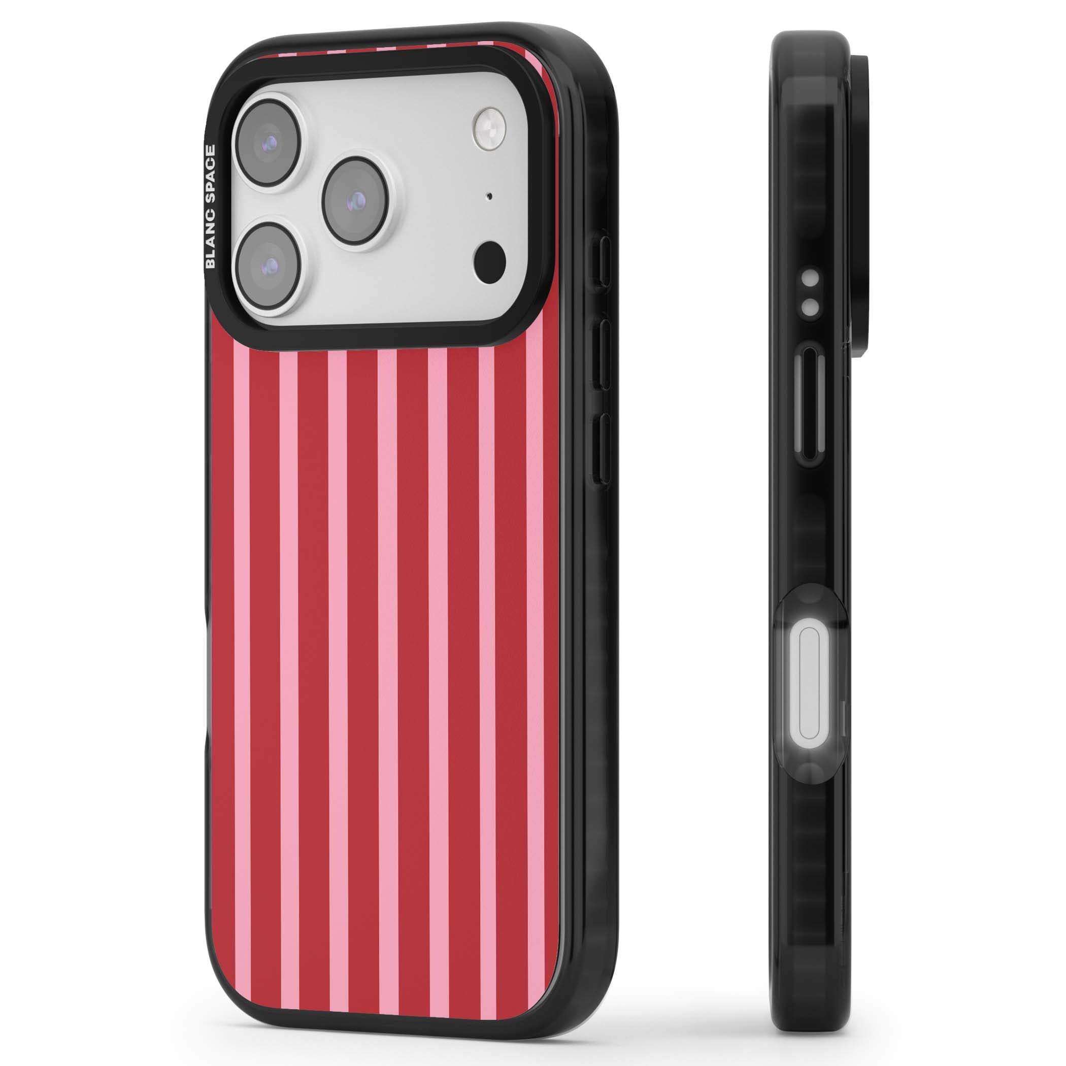 Raspberry Stripe coquette iPhone case featuring red and pink vertical stripes in a candy-inspired pattern | Black Impact Magsafe case for iPhone 17 Pro, iPhone 17 Pro Max