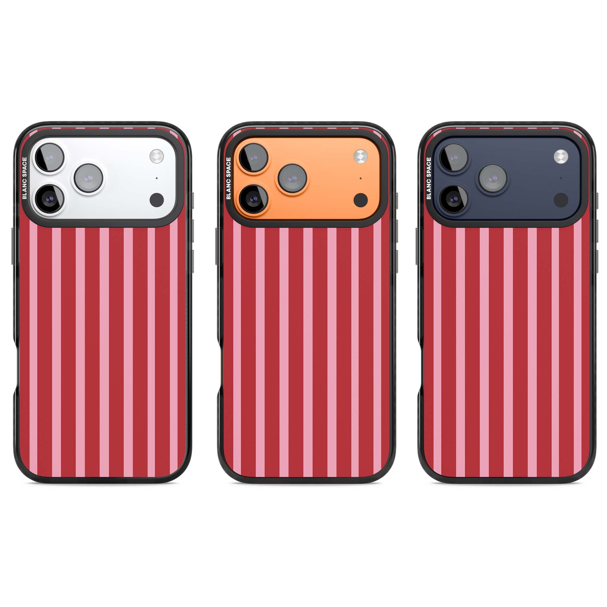 Raspberry Stripe coquette iPhone case featuring red and pink vertical stripes in a candy-inspired pattern | Black Impact Magsafe case for iPhone 17 Pro, iPhone 17 Pro Max