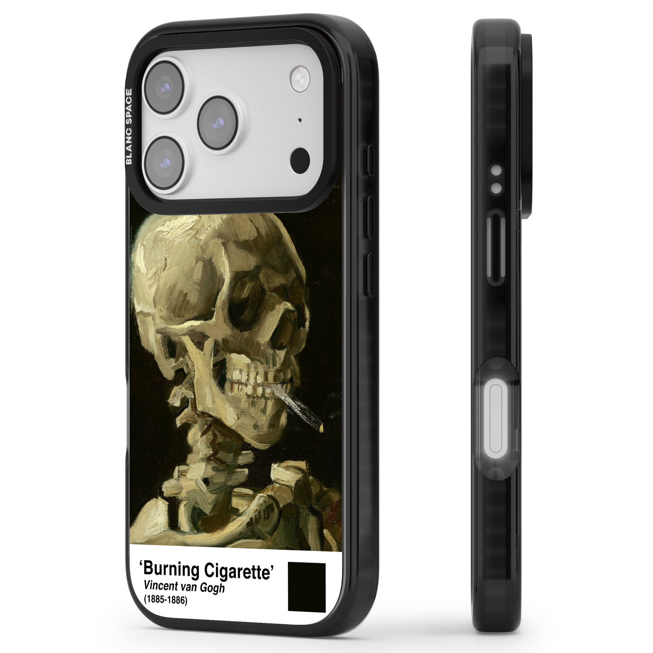 Skull Of A Skeleton With Burning Cigarette iPhone 17 Pro Impact Pro Black Phone Case Side Profile