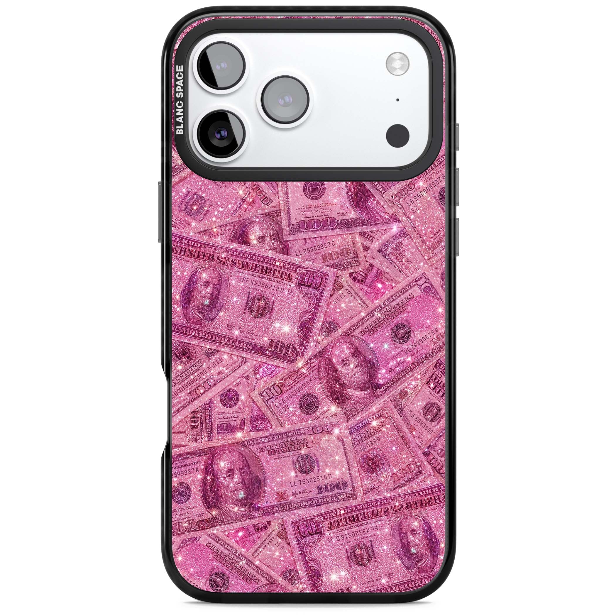 Glamorous baddie iPhone case featuring pink glitter hundred dollar bills and sparkling money wallpaper design | Black Impact Magsafe case for iPhone 17 Pro, iPhone 17 Pro Max